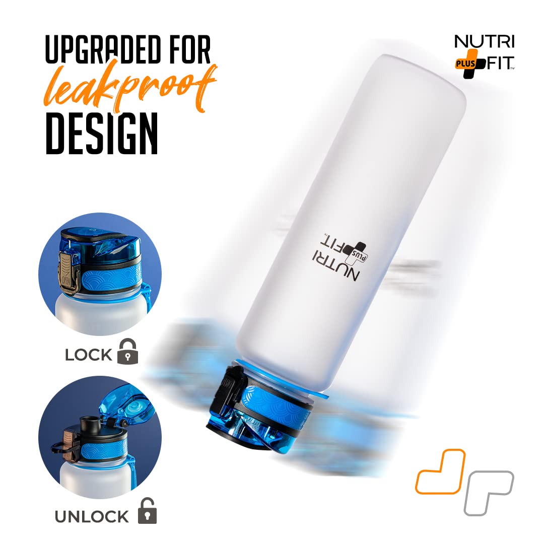 Nutrifit Blue 32oz Motivational Water Bottle with Time Marker - BPA Free Leak Proof Sports Water Bottle for Gym, Workout & Office Hydration - Perfect Fitness Gift for Men & Women