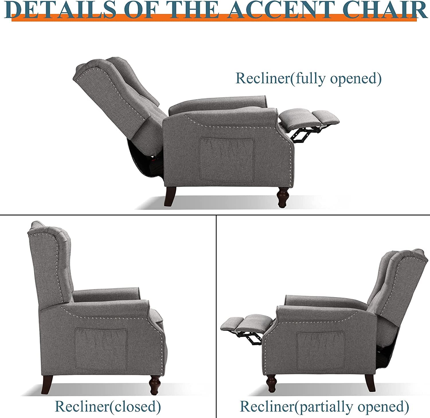 Premium Wingback Recliner Chair Set of 2 with Massage & Heat Function - Gray Fabric Push Back Accent Chairs with Diamond Tufted Design - Perfect for Living Room, Bedroom & Home Theater Relaxation