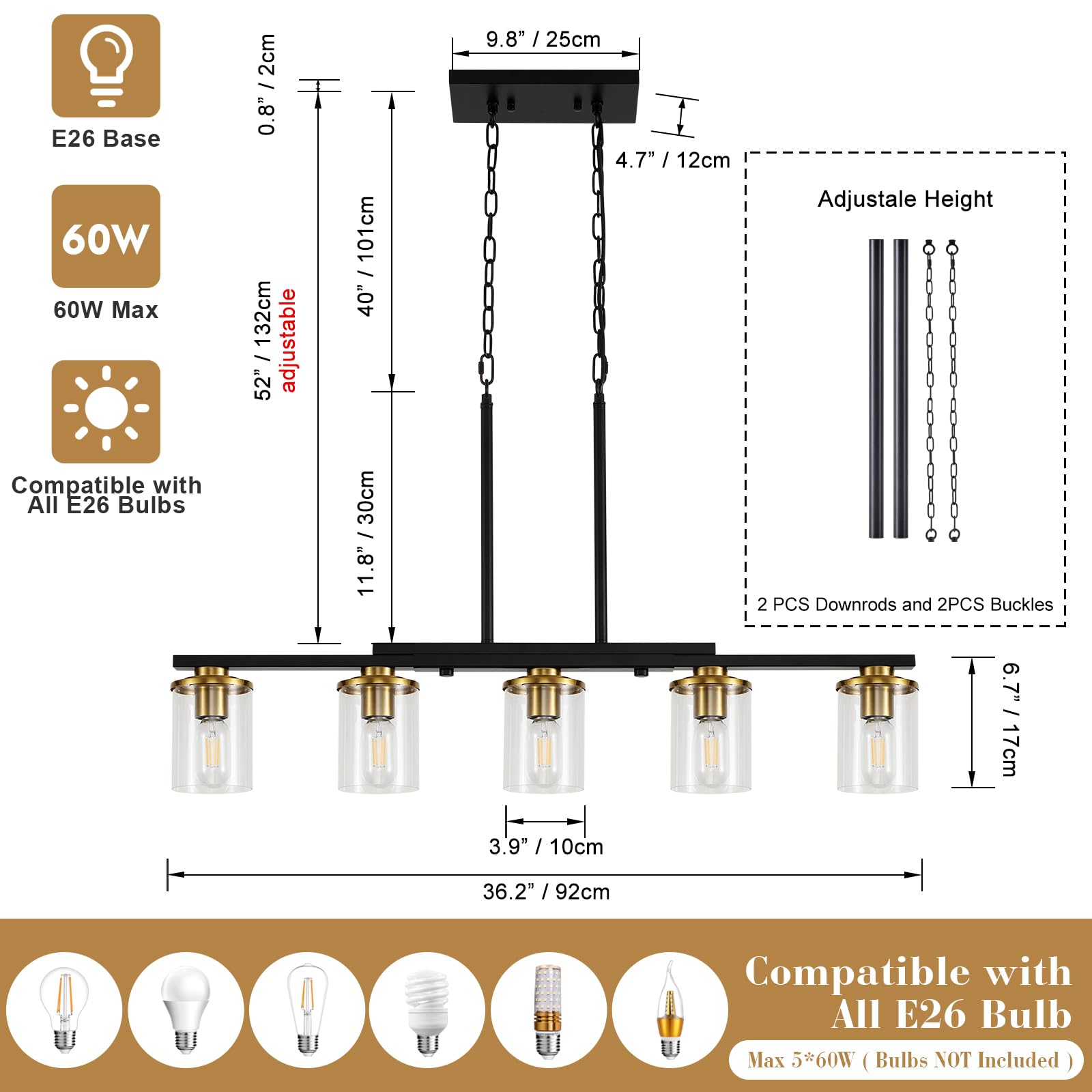 5-Light Modern Farmhouse Chandelier - Black & Gold Rustic Kitchen Island Lighting with Clear Glass Shades - Perfect for Dining Room, Breakfast Nook, and Kitchen Table Pendant Lighting
