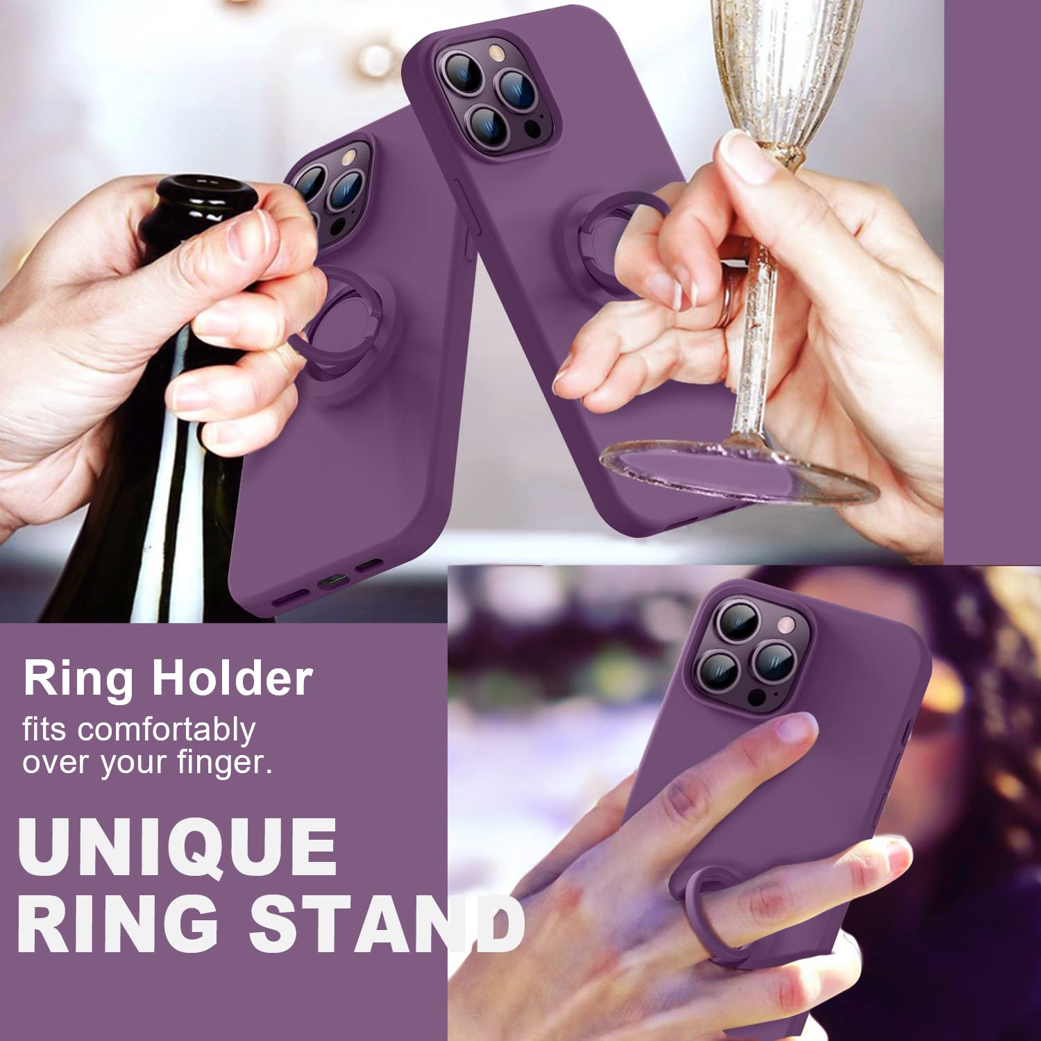 Premium Soft Liquid Silicone Shockproof iPhone 14 Pro Case with Ring Stand Holder - 6.1 Inch Slim Protective Cover with Scratch-Resistant Microfiber Liner (Grape Purple) - Perfect for Everyday Use, Travel, and Hands-Free Viewing
