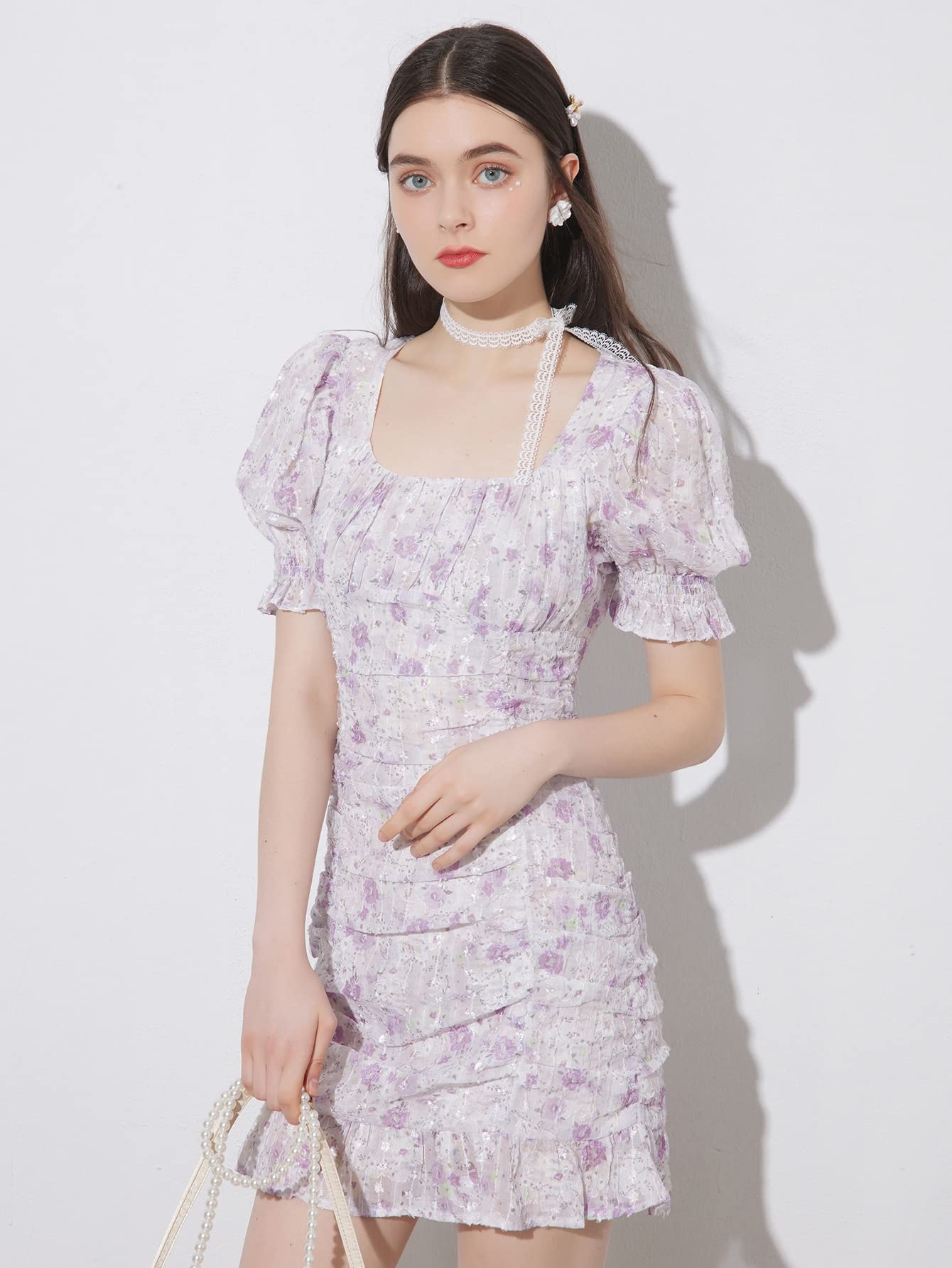Floral Print Puff Sleeve Ruched Ruffle Hem Dress for Women - Medium Size, Multicolor | Summer Party, Wedding Guest, Date Night & Casual Wear