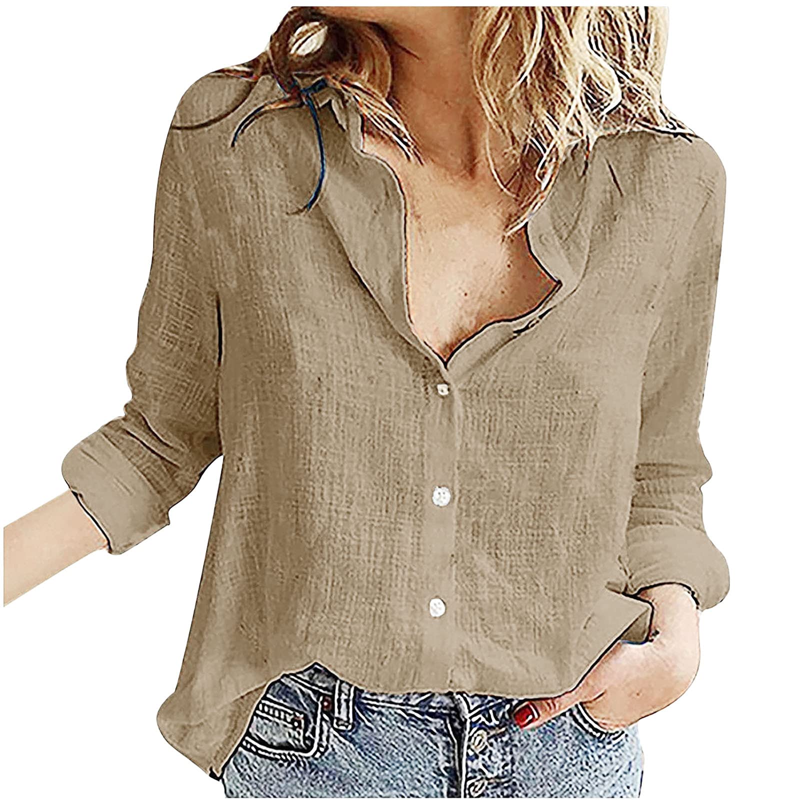 Women's Casual Linen Blouse - V Neck Long Sleeve Button Down Shirt for Women | Breathable Summer Tops for Office, Travel & Everyday Wear