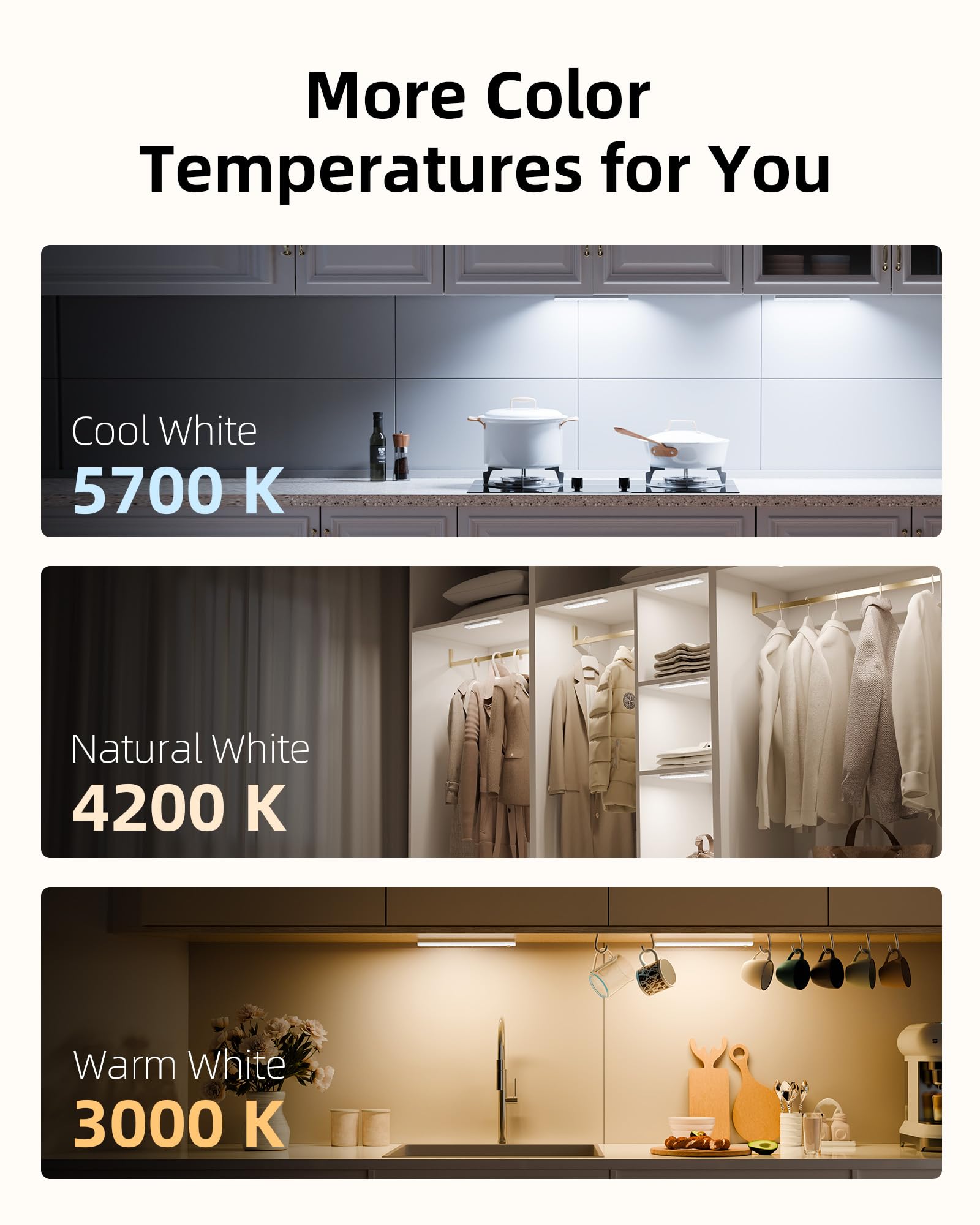 EZVALO 6-Pack Rechargeable Under Cabinet LED Lights with Motion Sensor - 3 Color Temperatures, Dimmable 62 LEDs, Wireless Remote Control - Perfect for Kitchen, Pantry, Closet, and Cabinet Lighting