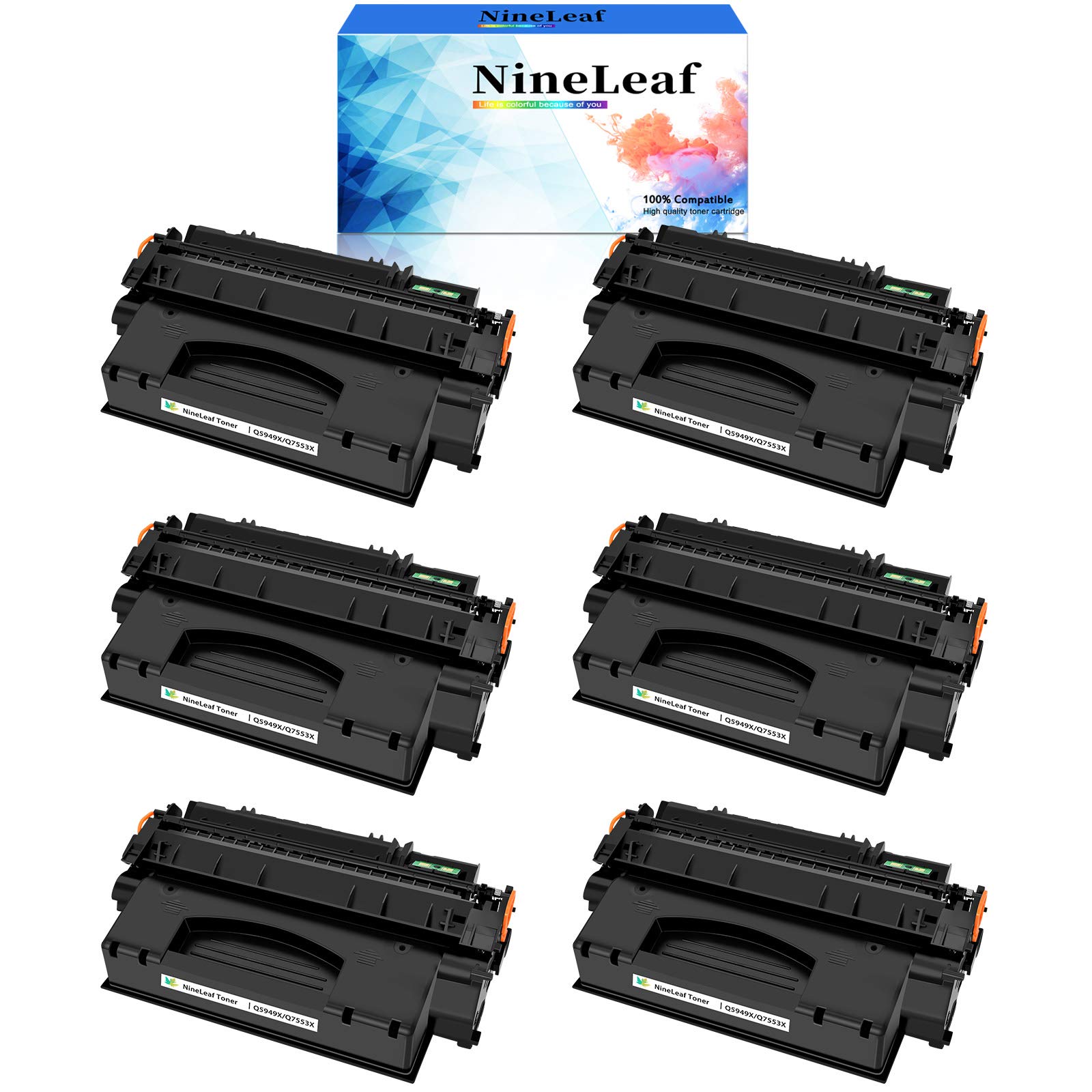 NineLeaf High Yield Black Toner Cartridge (6-Pack) - Compatible with HP LaserJet P2015, P2015dn, P2015X, M2727, M2727nf, P2015d, M2727nfs Printers - Replacement for HP 53X/Q7553X - Perfect for Office & Home Printing Needs