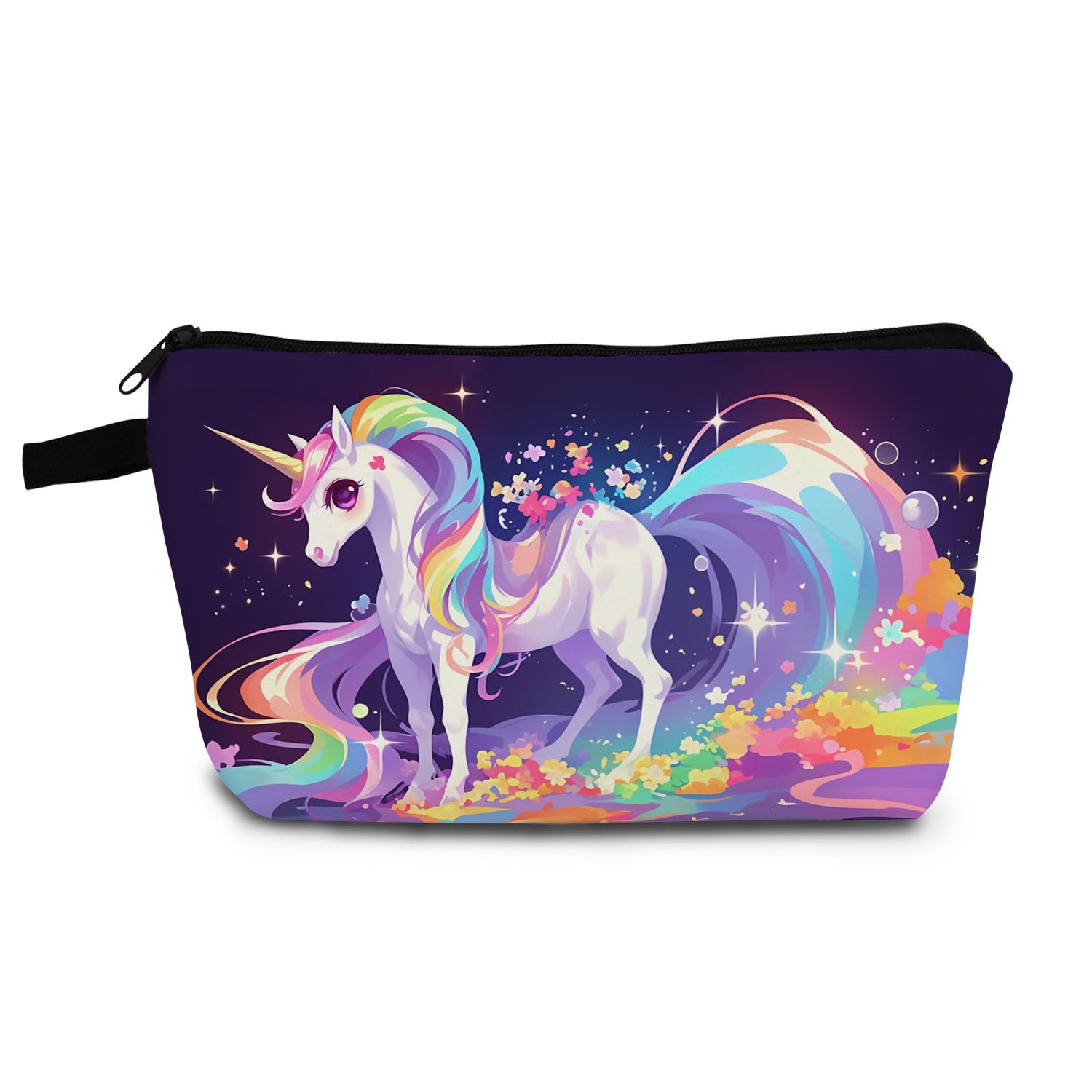 **Cute Rainbow Unicorn Print Makeup Bag with Zipper - Small Cosmetic Organizer for Women & Girls - Perfect Birthday Gift for Unicorn Lovers - Great for Travel, School, or Daily Beauty Essentials**
