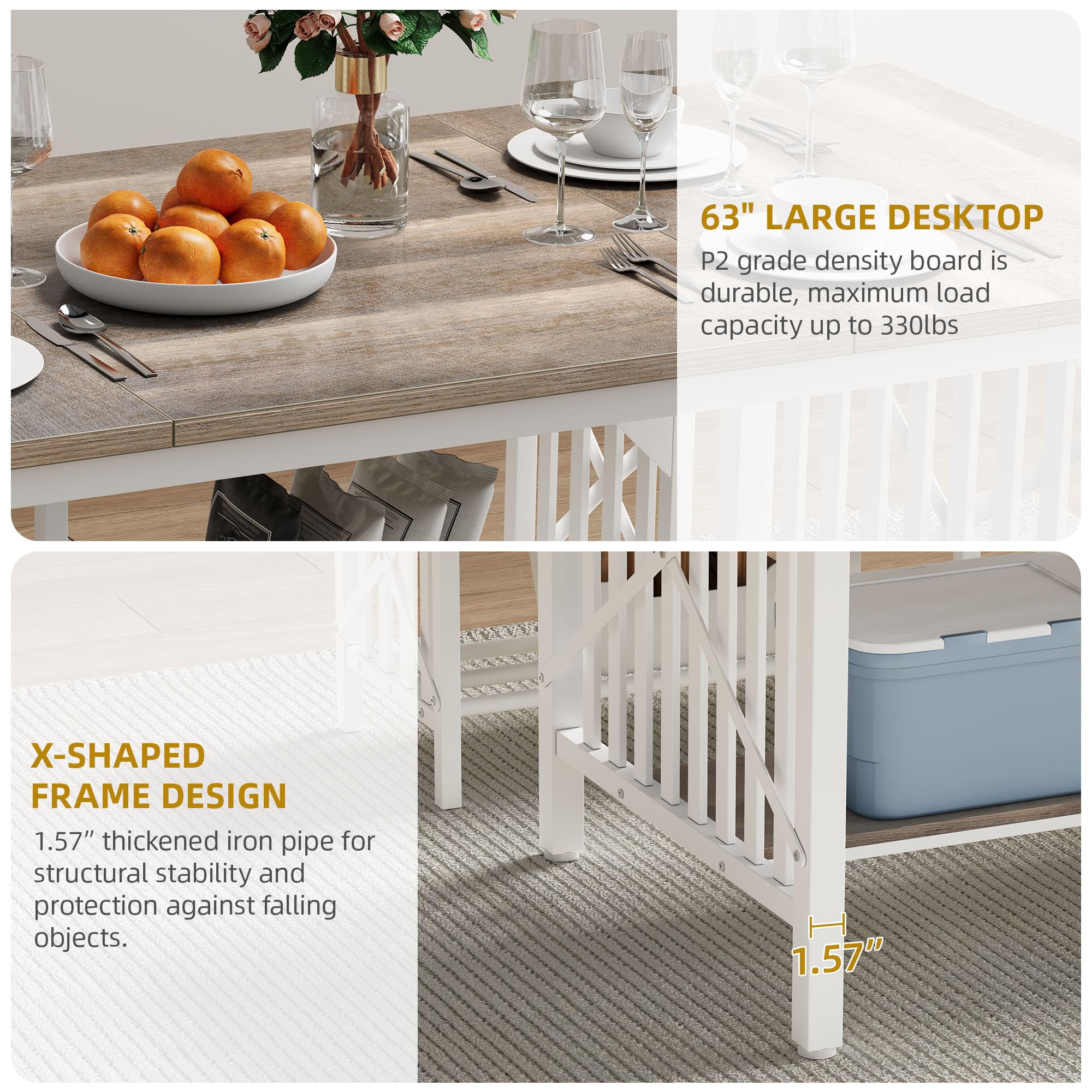 DWVO 3-Piece Industrial Dining Table Set with Storage - 63