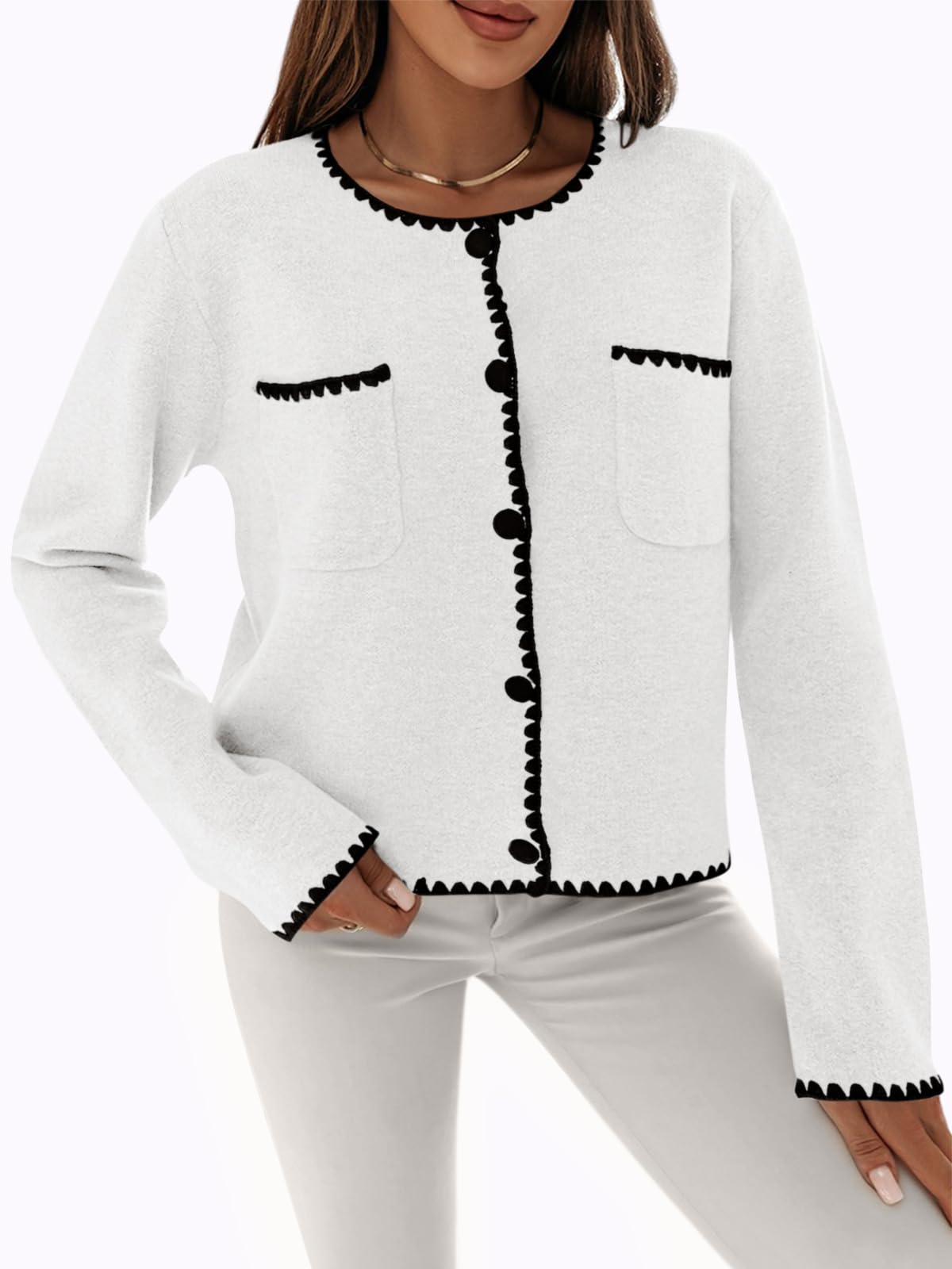 Saodimallsu Women's Cropped Cardigan Sweater - Crewneck Long Sleeve Button Down Knit Open Front Jacket with Pocket | Perfect for Fall Layering, Office Wear & Casual Outfits