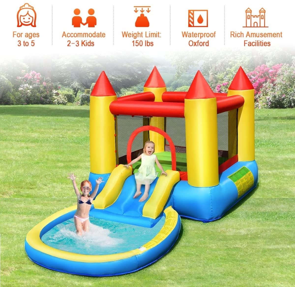 Costzon Inflatable Water Slide Bounce House with Ball Pit & Splash Pool - Kids Outdoor Bouncy Jump Castle with 480W Blower - Perfect for Backyard Parties, Summer Fun & Birthday Gifts