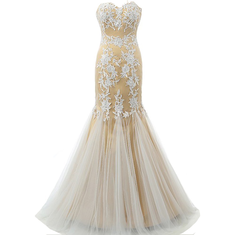 Kivary® Mermaid Long White Lace Tulle Corset Back Formal Prom Evening Dresses for Women - Elegant Wedding, Homecoming, and Special Occasion Gowns