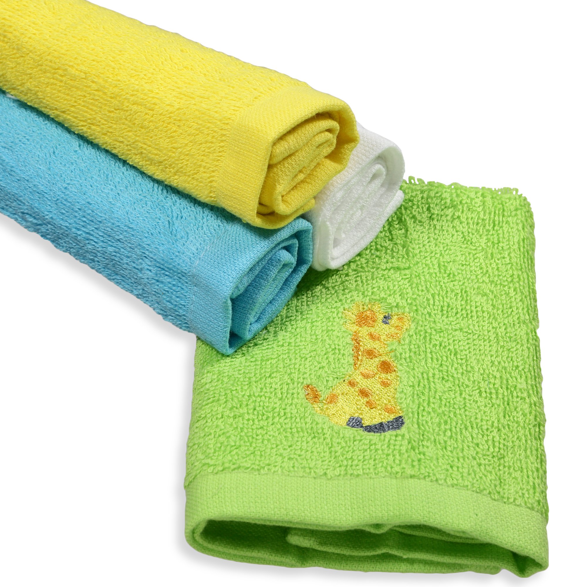 Spasilk 4-Pack Soft Absorbent Woven Washcloths - Yellow Giraffe Pattern Bath Towels for Baby, Kids & Adults | Gentle Exfoliating Face & Body Washcloths | Perfect for Bath Time, Baby Care, Spa Days & Sensitive Skin | Nursery, Bathroom & Travel Essential | Ideal for Daily Use, Baby Showers, Gift Sets & Hotel Amenities