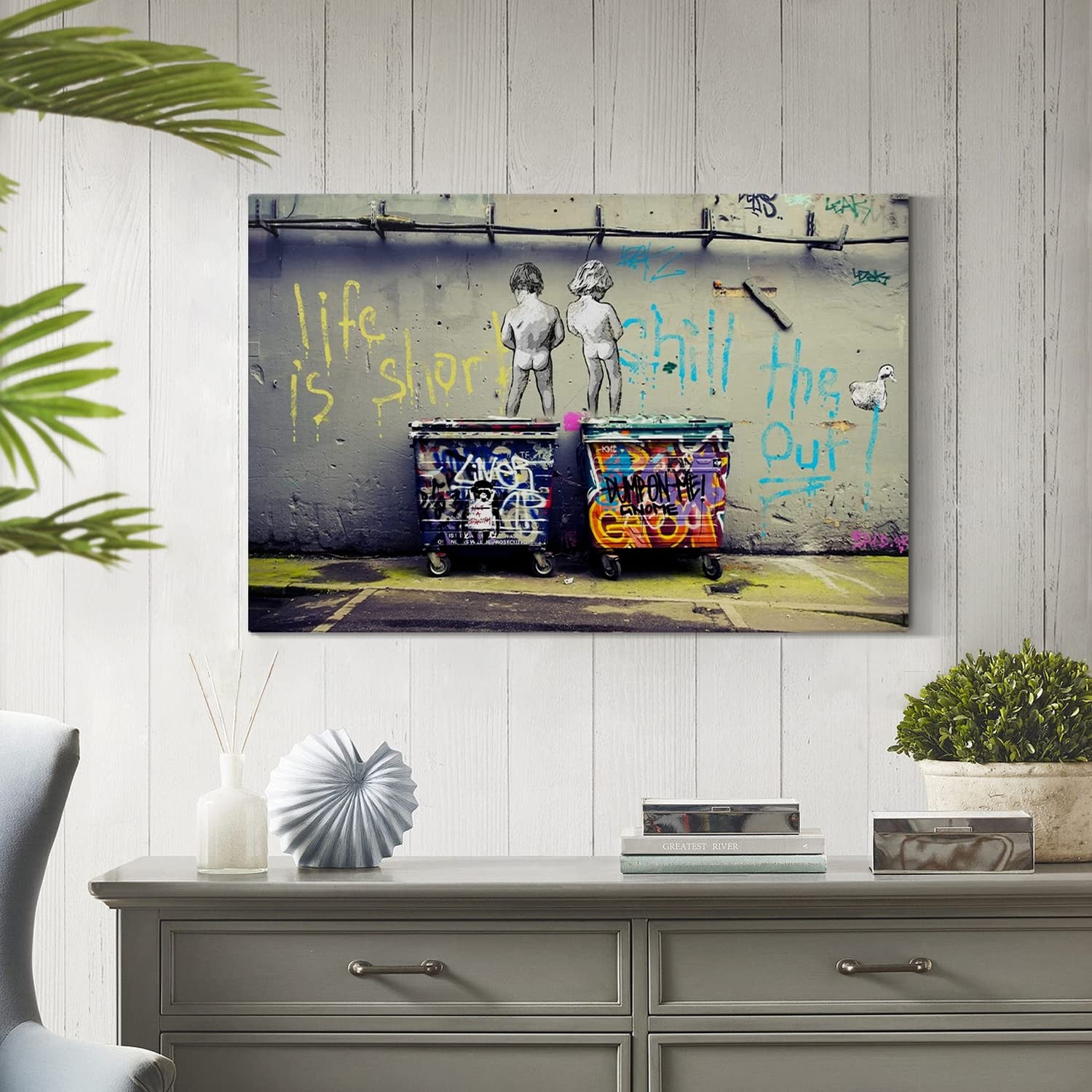 Banksy Inspired Graffiti Wall Art - Funny Kids Looking at Money Canvas Print, Street Art Decor for Living Room, Office & Bedroom (24x36 Inches) | Ready to Hang | Perfect for Urban Home Decor & Gift Ideas