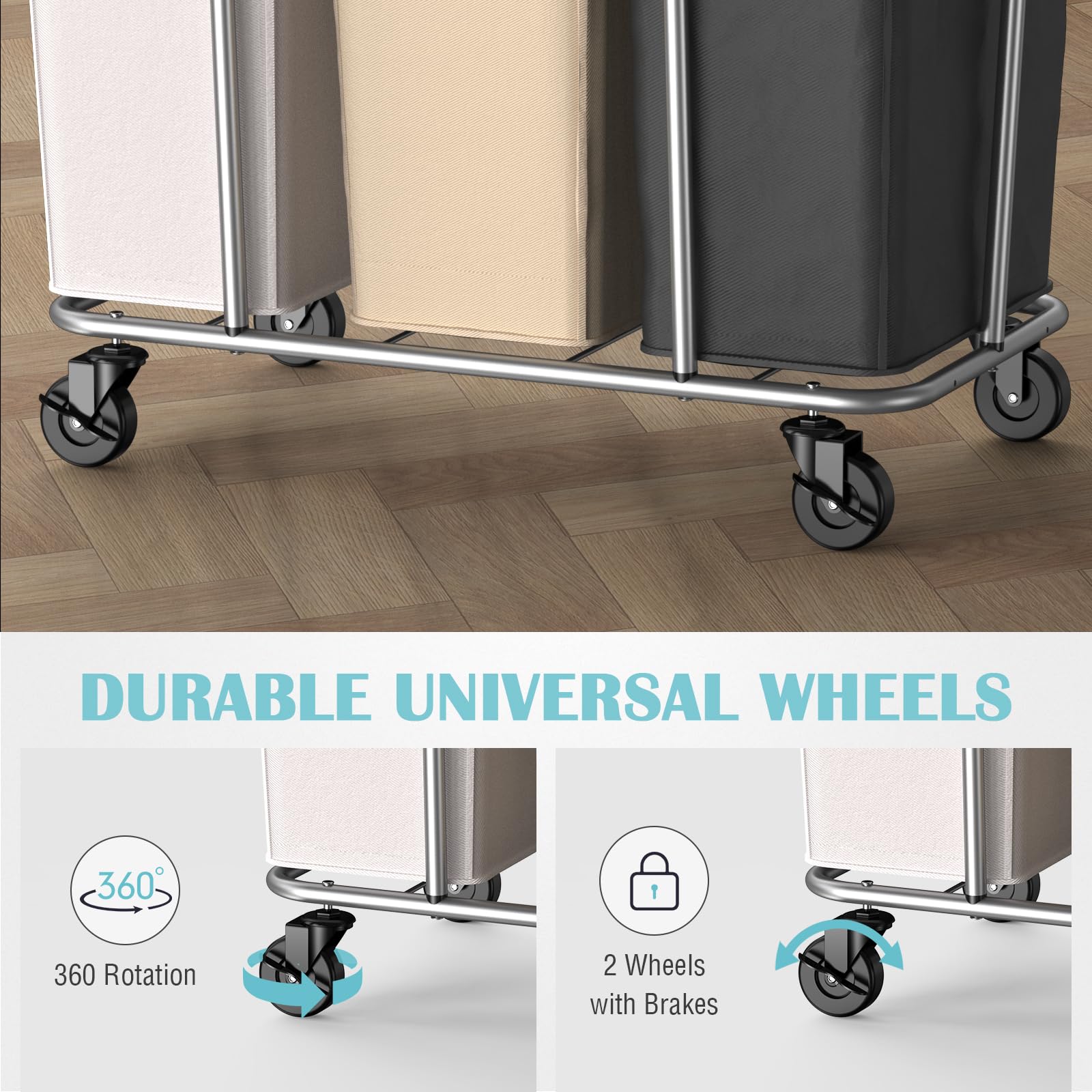 PLKOW 3-Section Laundry Sorter with Wheels - 220L Large Capacity Rolling Laundry Cart with Steel Frame & Removable Bags (6 Bushel) - Perfect for Home, Laundry Room, Hotel & Dorm Organization