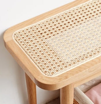 Solid Oak Wood Rattan Bench - Rustic Entryway, Patio, or Garden Seating - Handwoven Wicker Design for Indoor and Outdoor Use