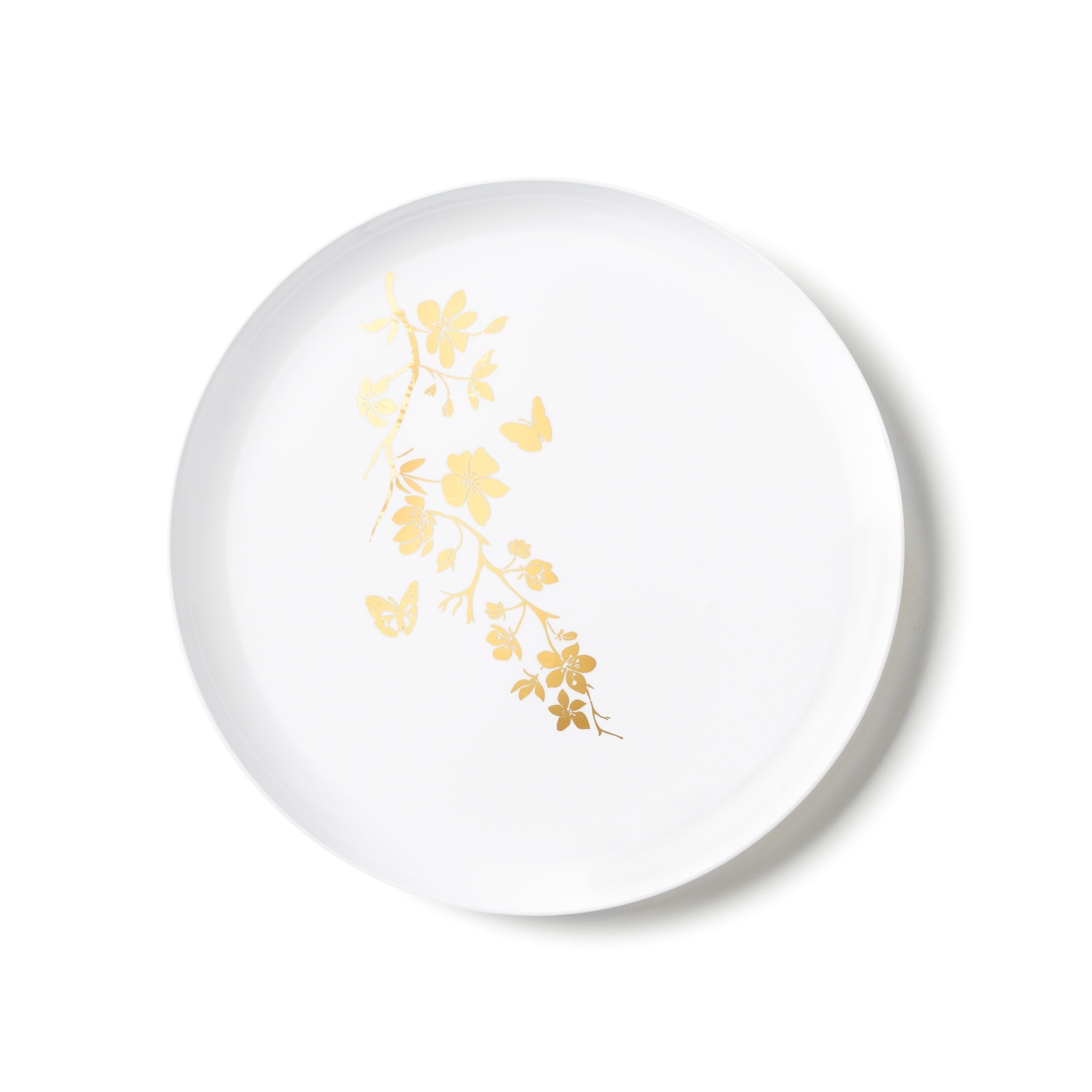 Elegant White and Gold Round Plastic Plates - Durable Disposable Dinnerware for Parties, Picnics, and Outdoor Events | Perfect for Garden Edge Decorations and Elegant Gatherings