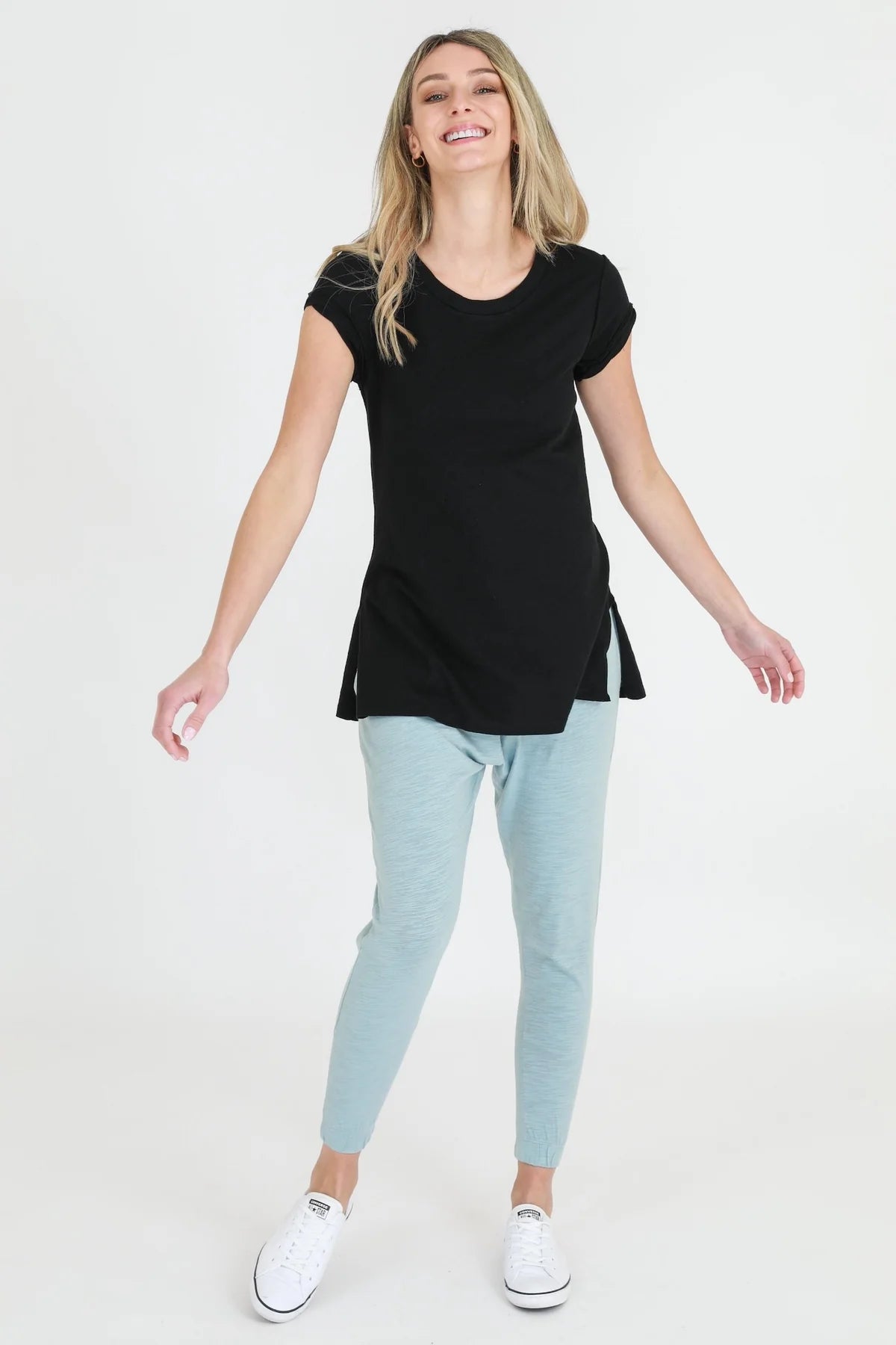 Kelly Rolled Sleeve Crew Neck T-Shirt for Women - Soft Cotton Casual Tee - Black - Perfect for Everyday Wear, Layering & Outfits