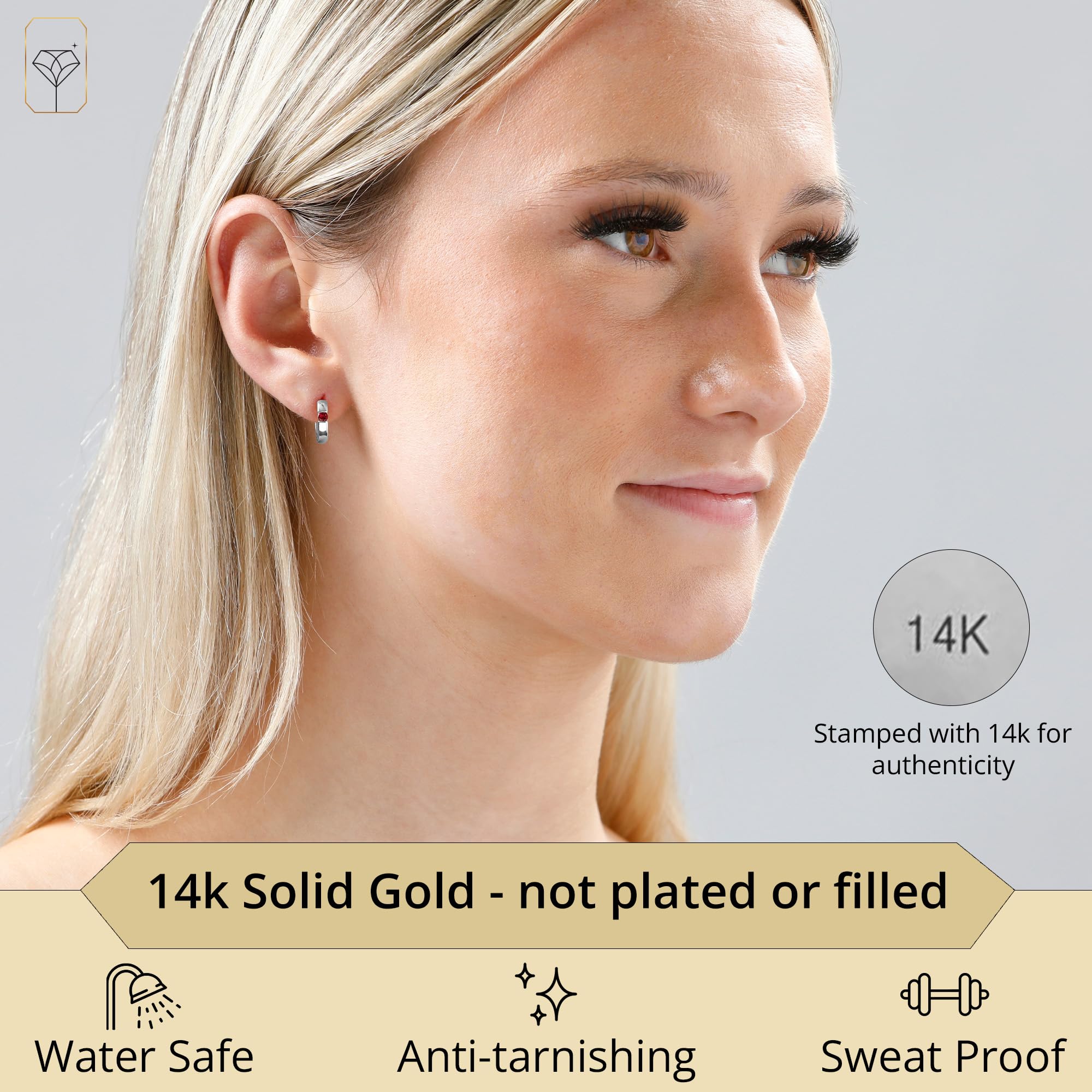 14K White or Yellow Gold Small Round Gemstone Huggie Hoop Earrings for Women - Channel Set 2.5mm Birthstone Jewelry by MAX + STONE | Perfect for Everyday Wear, Gifts & Special Occasions