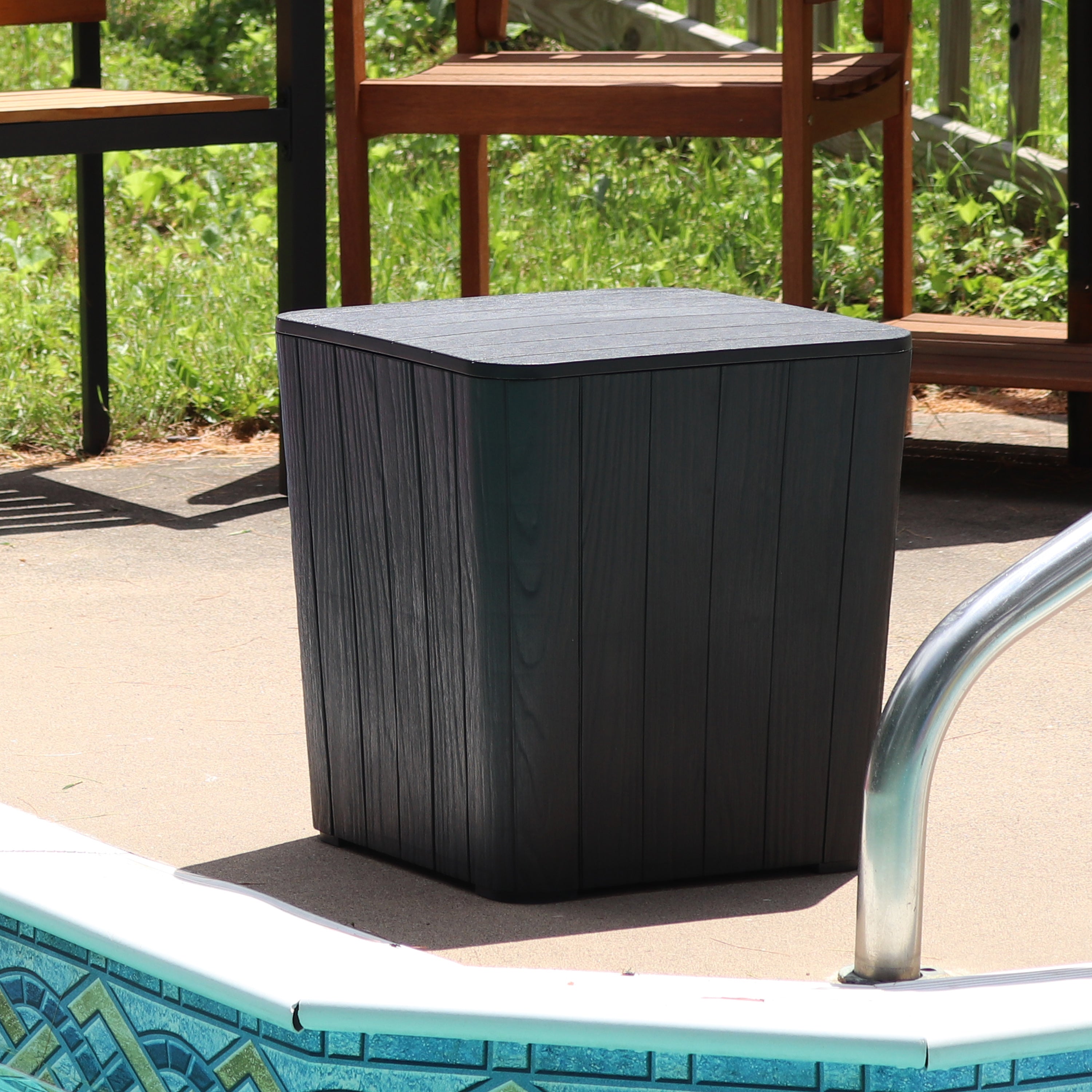 Sunnydaze Outdoor Side Table with Storage - 11.5 Gallon Wood Look Patio End Table - Perfect for Poolside, Garden, Deck, and Balcony Use