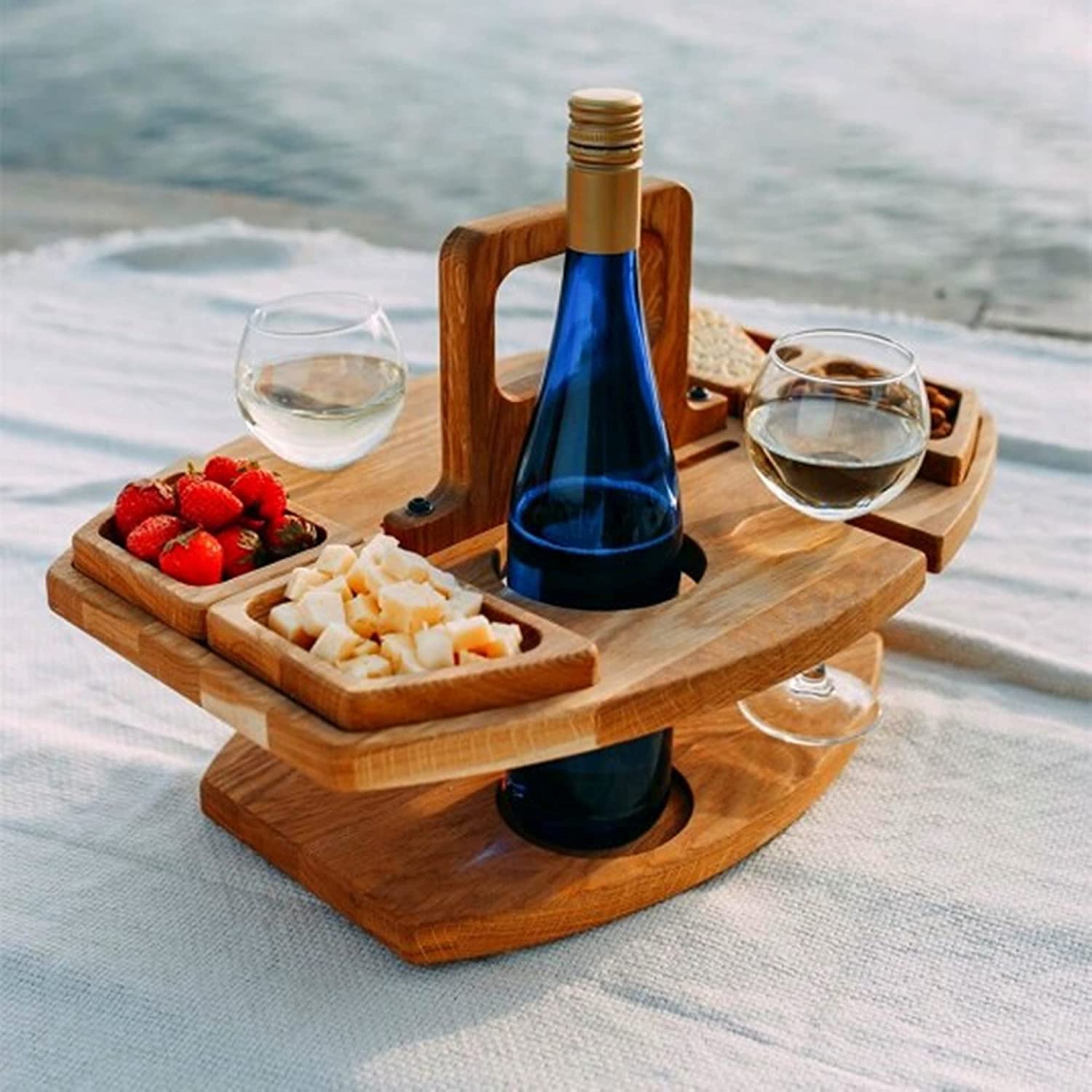 Portable Wooden Picnic Table with Wine Glass Holder - 2-in-1 Outdoor Picnic & Beach Table with Snack Tray - Perfect for Garden Parties, Camping, Beach Outings & Outdoor Dining