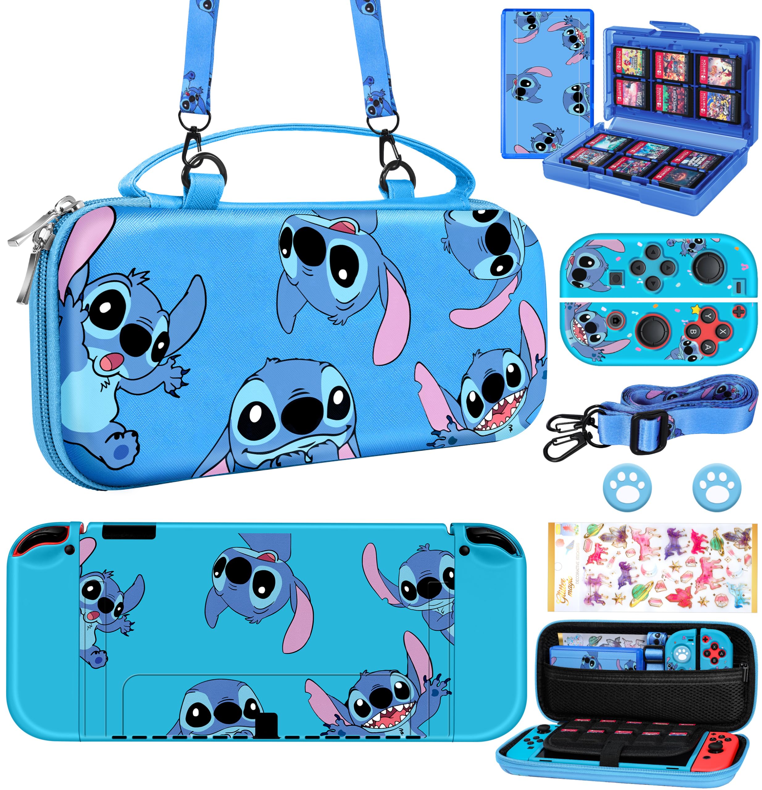 Xinocy 9-in-1 Nintendo Switch OLED Accessories Kit with Travel Case, Protective Cover, Game Holder, Joycon Shells & Thumb Grips - Perfect for Gaming On-The-Go, Travel Protection & Kids Gift (Pink/Blue)