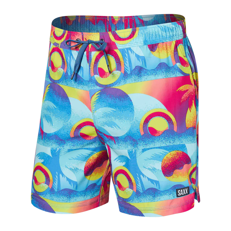 SAXX 5 Inch Oh Buoy 2-in-1 Volley Swim Trunks for Men - Quick Dry Beach Shorts with Mesh Liner, Blue Multi Color - Perfect for Swimming, Surfing & Summer Vacation