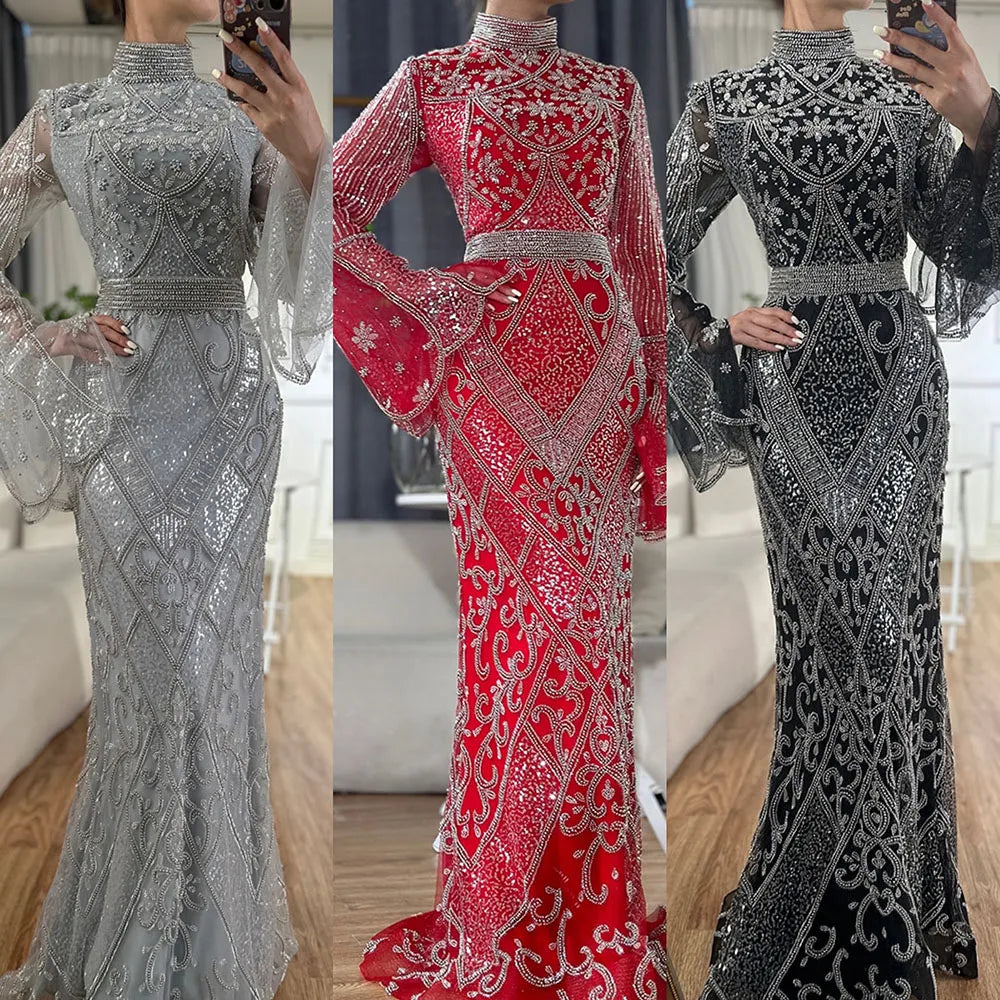 Luxury Dubai Muslim Red Mermaid Black Evening Dress with Cape Sleeves and Beaded Details for Formal Occasions - LA72316C | Elegant Islamic Abaya for Weddings, Galas & Special Events