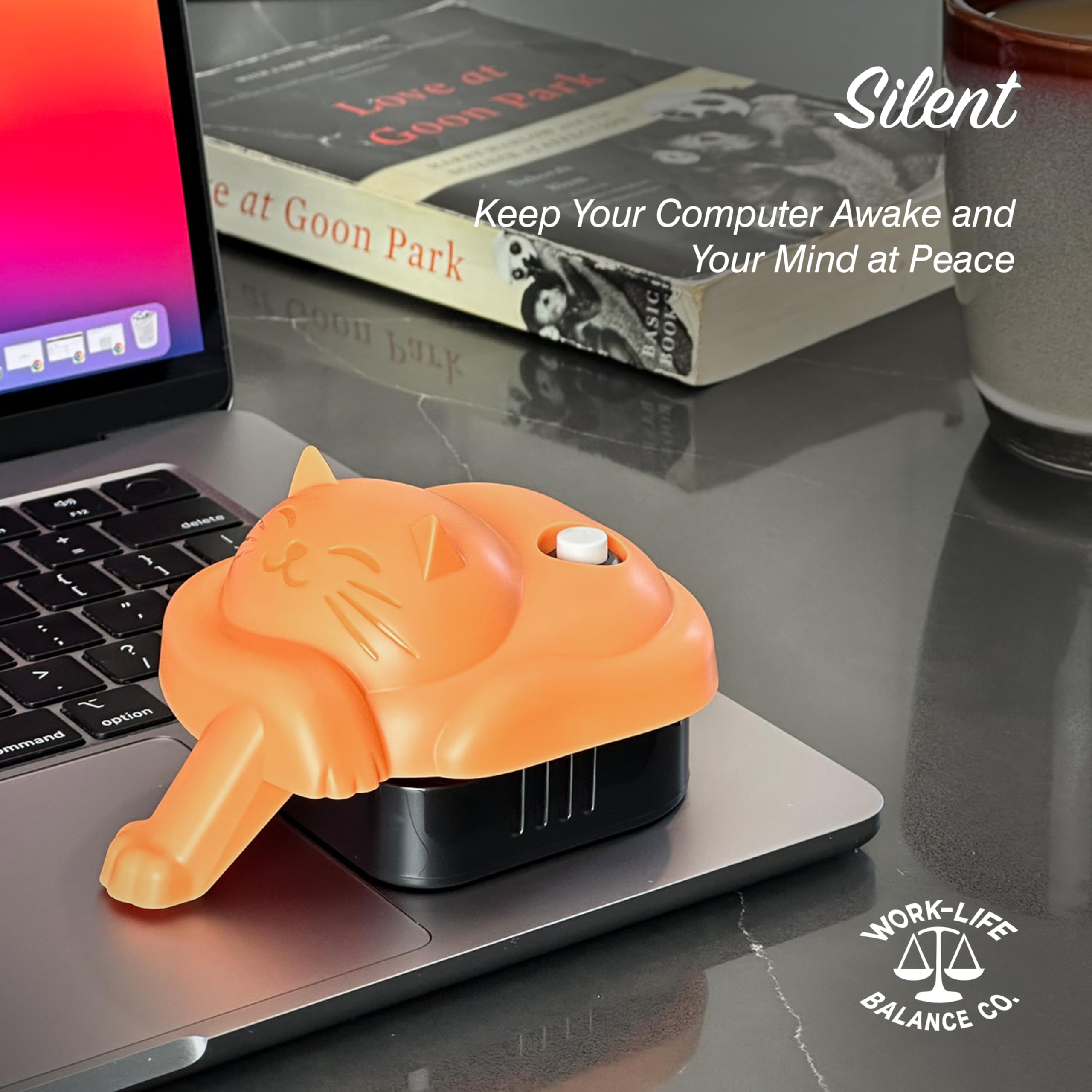 Laptop Trackpad Jiggler - AA Battery Lasts 6 Months - Undetectable Cordless Mouse Mover - Keeps Touchpad Active & Laptop Awake - Mechanical Mouse Jiggler with ON/Off Switch (Orange Cat) - Ideal for Remote Work & Online Meetings
