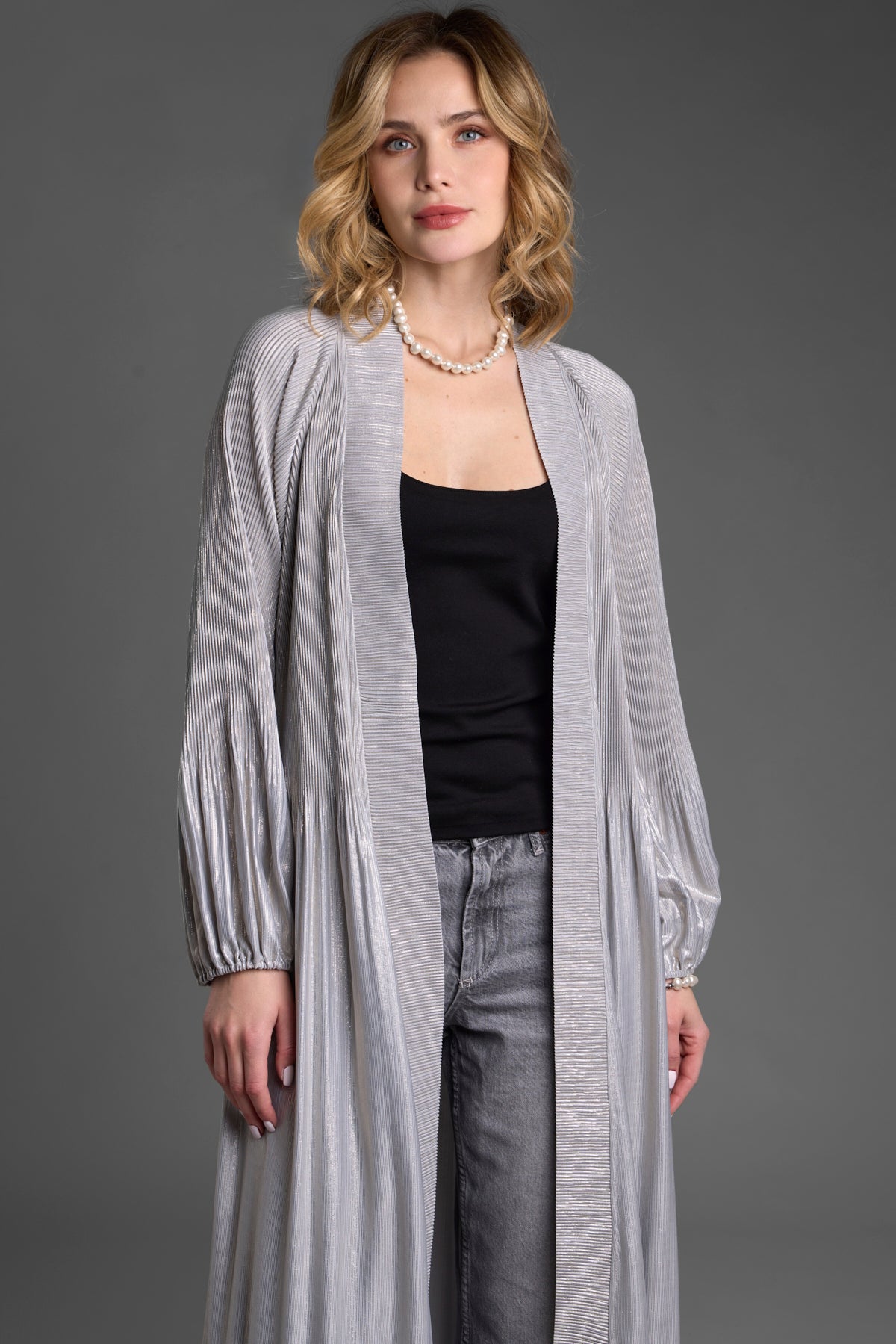 Elegant Metallic Pleated Duster Coat for Women - Shiny Long Trench Coat with Belt - Perfect for Office, Evening Parties & Special Occasions