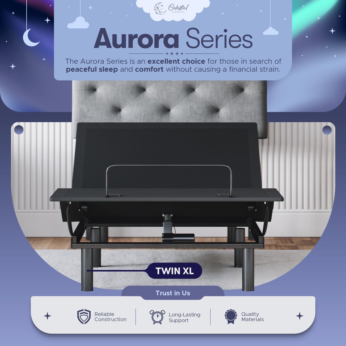 Aurora Adjustable Bed Base Frame Only - Easy Assembly, Head & Foot Lift, Zero Gravity, Memory Positions - Twin XL - Perfect for Home, Office & Guest Room Comfort