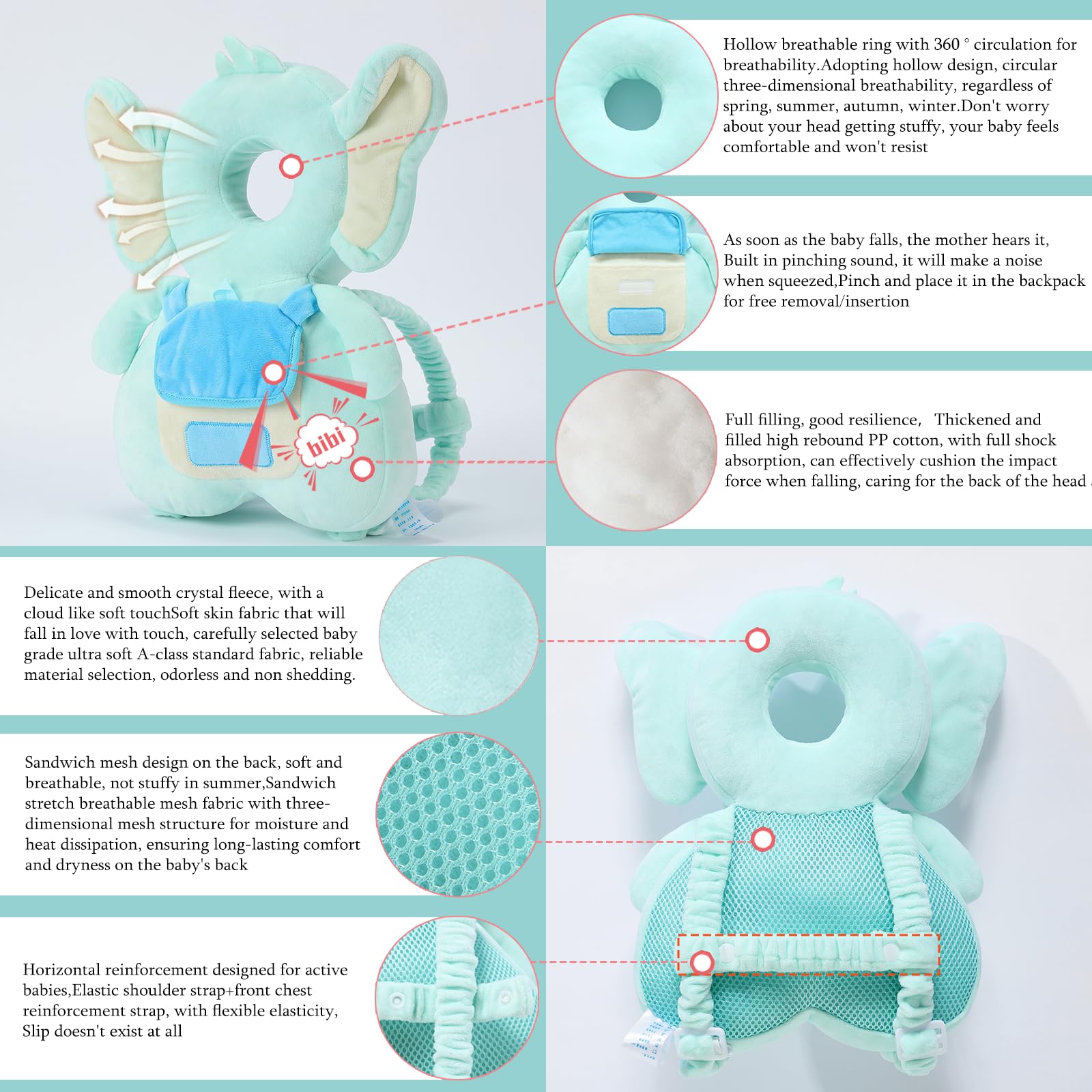 Baby Head Protector Backpack with Soft Pillow - Anti-Fall Safety Gear for Crawling & Walking Infants | Includes Knee Pads & Non-Slip Socks | Perfect Baby Shower Gift (Elephant Design) - Ideal for Home Playtime, Daycare & Outdoor Adventures