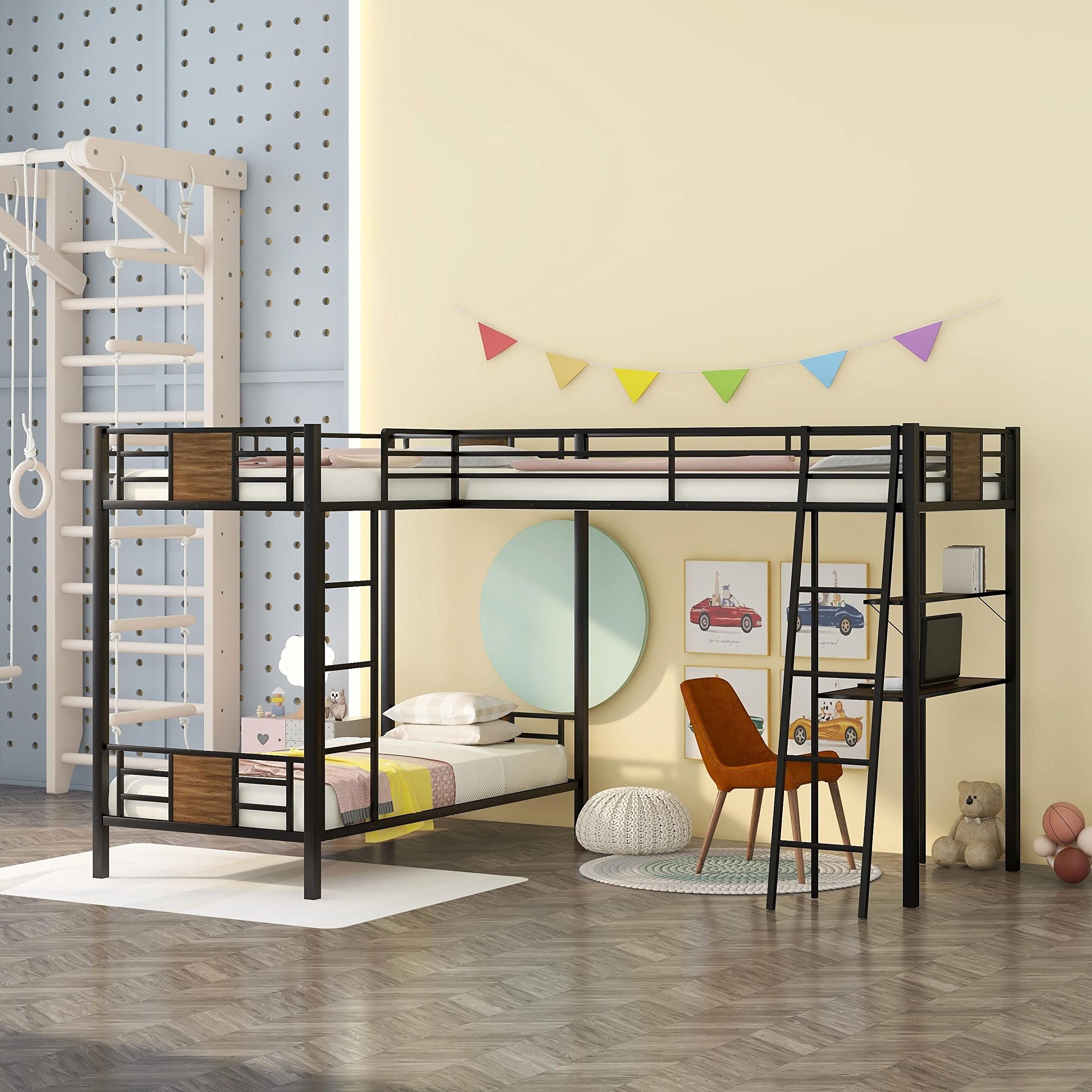 Metal Triple Bunk Beds for 3 - L-Shaped Twin Over Twin Bunk Bed with Desk & Shelves | Space-Saving Kids Dormitory Furniture for Boys, Girls & Teens | Perfect for Small Bedrooms, Shared Kids Rooms & College Dorms (Brown)