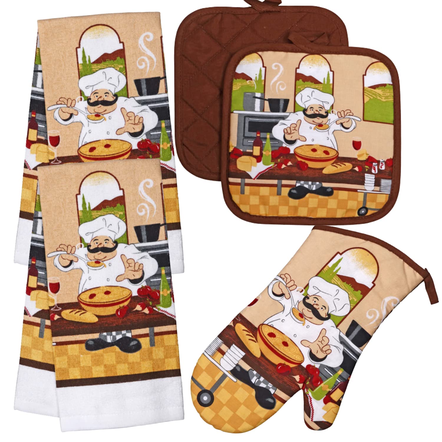 Premium Chef-Themed Kitchen Set - Heat Resistant Oven Mitts, Pot Holders & Absorbent Kitchen Towels for Cooking, Baking & Home Decor | Perfect Gift for Chefs & Home Cooks