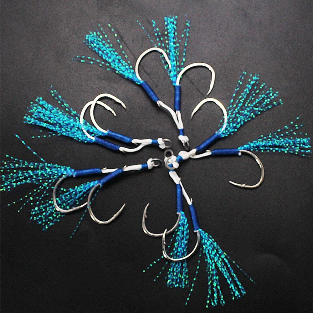 10PCS Blue Feather Fishing Jig Hooks - Double Barbed Assist Lures for Saltwater Fishing
