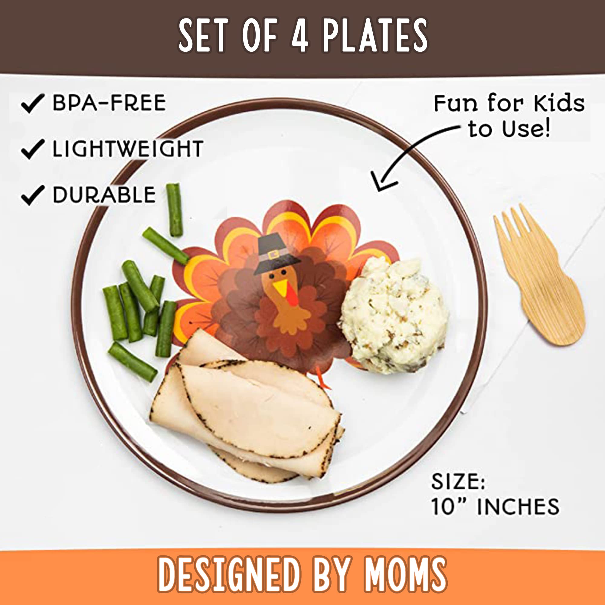 Tiny Expressions - 4 Pack Kids Thanksgiving Plates with Adorable Turkey Designs - Durable Melamine Dinnerware for Holiday Meals & Celebrations - Perfect for Family Gatherings, School Parties & Festive Dinners