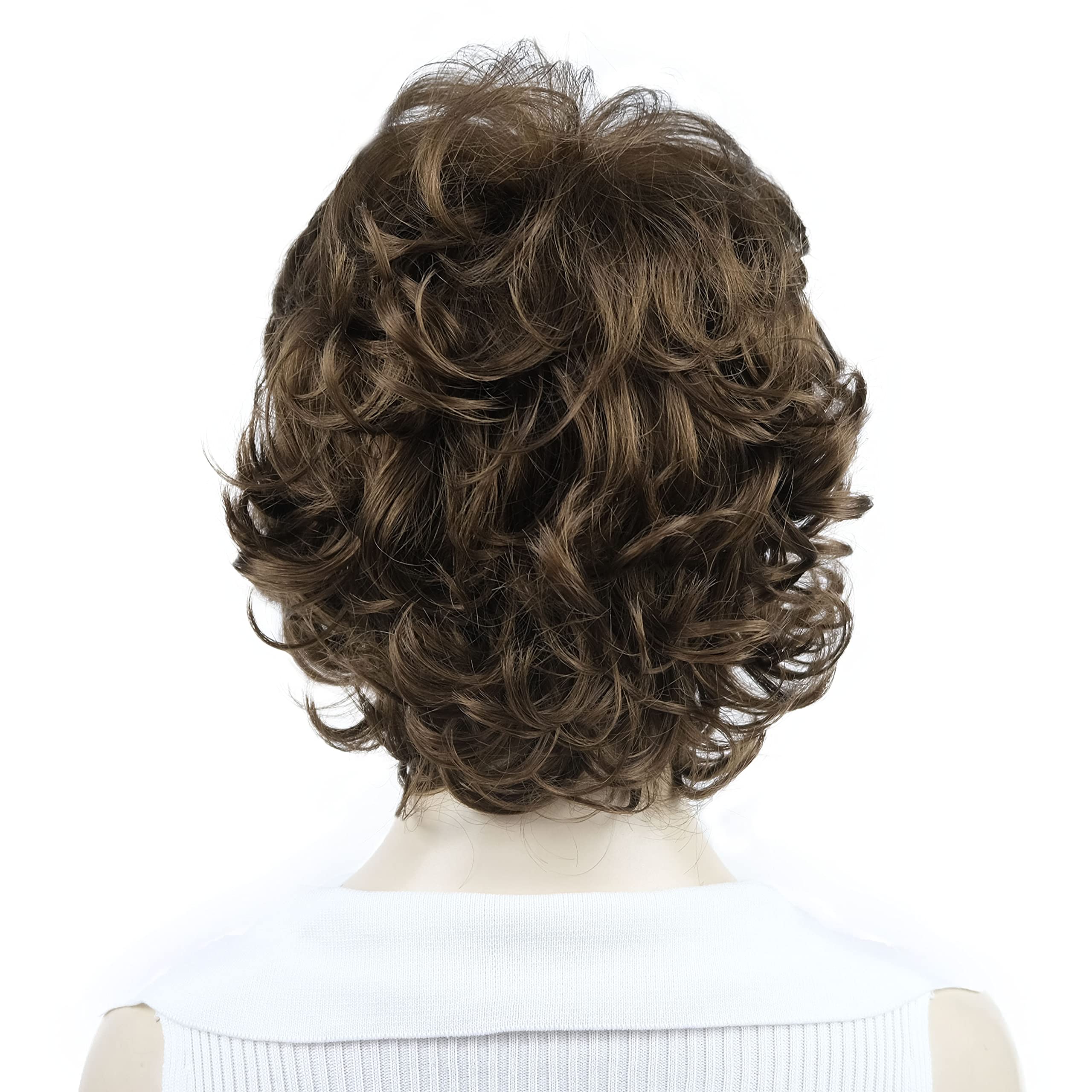Aimole Short Curly Synthetic Wig for Women - Medium Golden Brown Layered Bangs Wig | Heat Resistant & Natural Look | Perfect for Cosplay, Daily Wear & Halloween Costumes