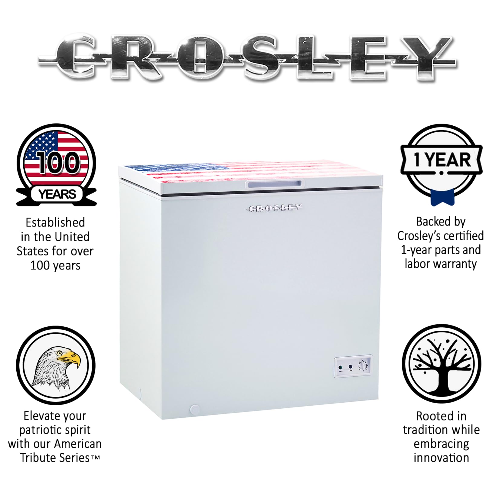 Crosley American Tribute 7cf Mini Deep Chest Freezer - Compact USA Flag Design for Garage, Apartment, Dorm | Perfect for Ice Cream Storage, Frozen Food & Bulk Meat | Energy Efficient Small Freezer for Home & Commercial Use
