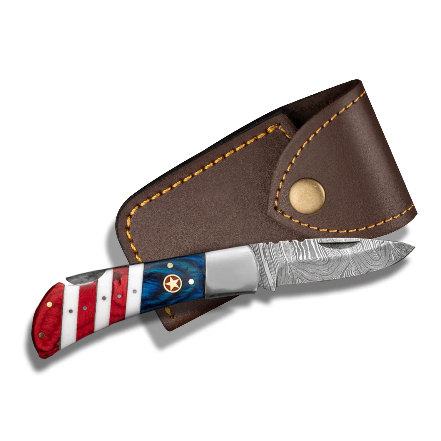 Premium Handmade Damascus Steel American Flag Pocket Knife - USA Patriotic Folding Knife with Sheath (7.25 Inch) - Perfect for Camping, Hunting, Survival & Outdoor Adventures