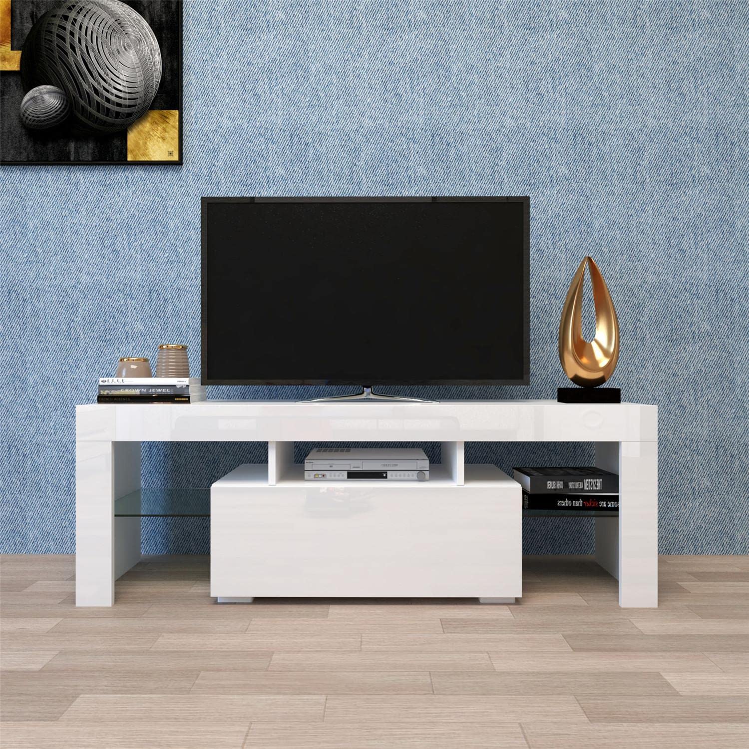 JINS&VICO TV Stand with LED RGB Lights - Modern Flat Screen TV Cabinet for Gaming Consoles - Perfect for Living Room, Bedroom & Lounge - 51.2
