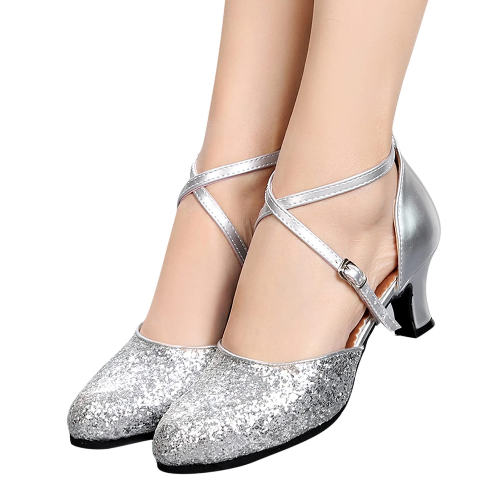 Women's Black Rhinestone Ballroom Dance Shoes - Latin Salsa Performance Sandals - Size 8 Wide - Perfect for Competition, Practice & Social Dancing