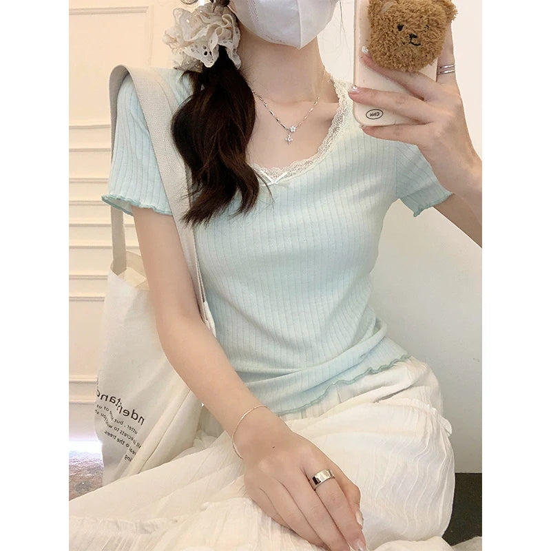 Sexy Apricot Lace Bow Slim Fit Women's T-Shirt - Fashion Basic Top for Office & Casual Wear - Stretchy Summer Tee for Ladies - Perfect for Work, Dates & Everyday Outfits