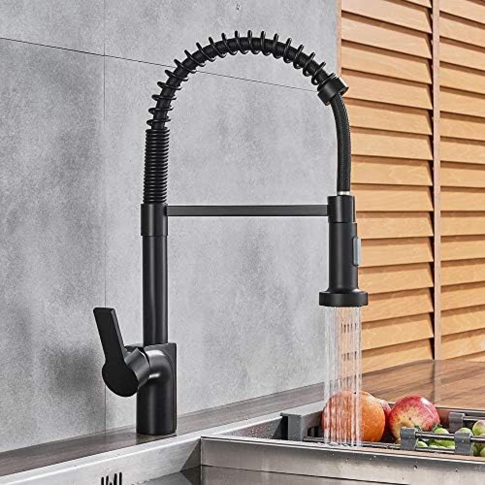 CRJUS Black Kitchen Faucet Deck Mounted Hot Cold Water Mixer with Pull Down Sprayer, 2 Function Spout for Modern Spring Kitchen Design