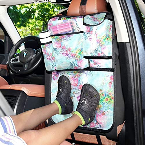 WELLDAY 2-Pack Car Backseat Organizer with Storage Pockets - Universal Trunk Organizer for Travel, Kids & Toddlers | Kick Mats Protector with Floral Dragonfly Design | Perfect for Road Trips, Family Vacations & Daily Commutes