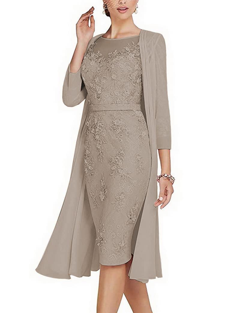 Elegant Taupe Chiffon Sheath Wedding Guest Dress with Lace Jacket - Knee-Length Formal Gown for Mother of The Bride (US Size 2) | Perfect for Weddings, Cocktail Parties & Special Occasions