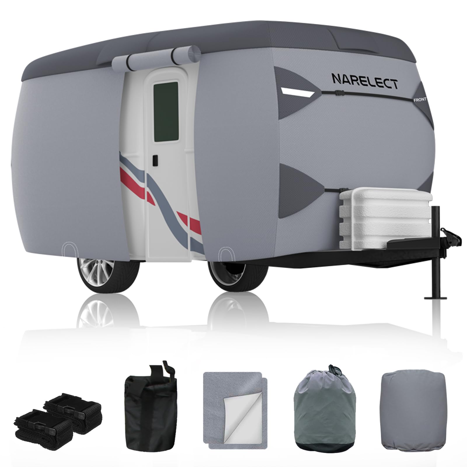 Upgraded Waterproof Fiberglass Travel Trailer Cover - 8'-10' Fit, Windproof Straps & 7-Layer UV Protection for Camping & Outdoor Storage