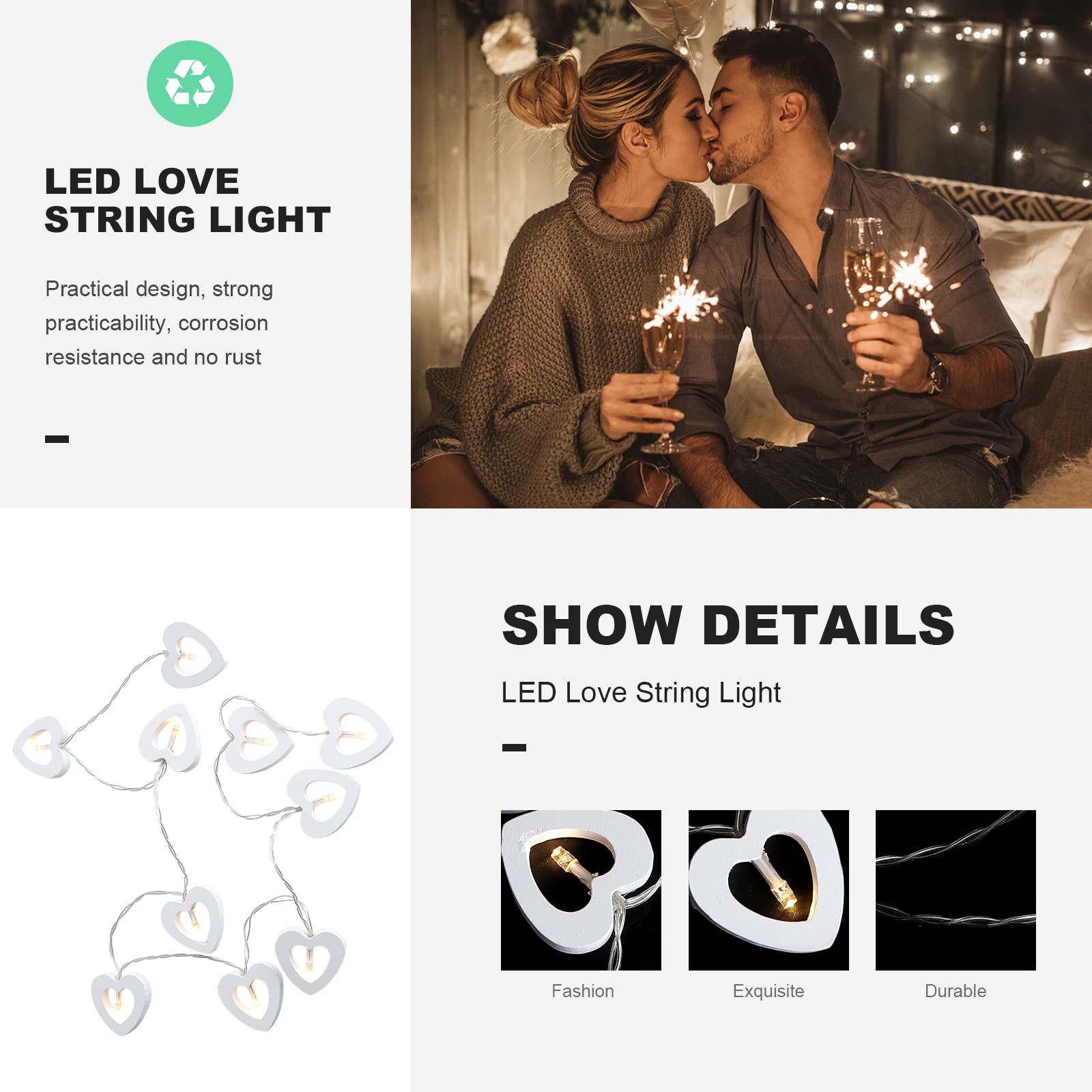 INOOMP 1pc Wooden Peach Heart LED String Lights - Romantic Decorative Fairy Lights for Bedroom, Wedding, Party & Home Decor - Battery Operated Warm White Atmosphere Lighting