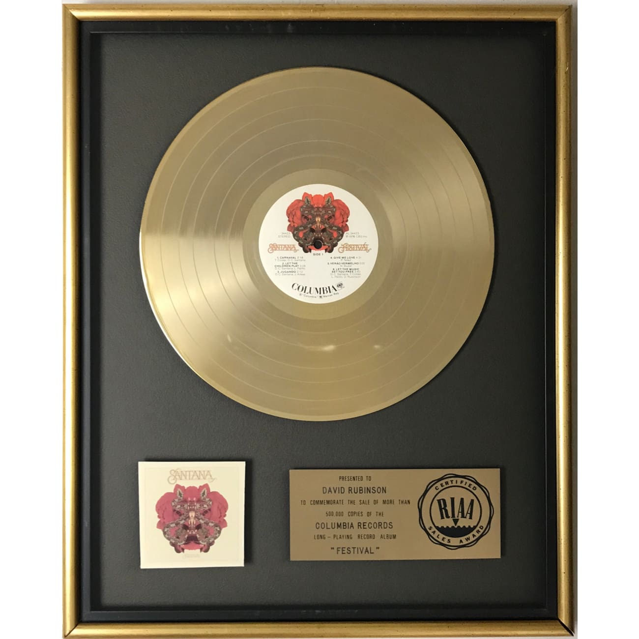 Santana Festival RIAA Gold LP Award Vinyl Record - Classic Rock Album for Collectors & Music Lovers - Perfect for Home Listening, Gifts & Music Collections