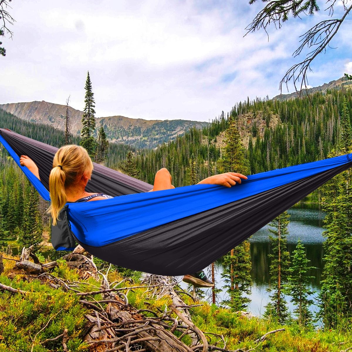 Double Camping Hammock with 2 Tree Straps (16+2 Loops) - 210T Nylon Parachute Portable Lightweight Hammock for 2 Persons - Perfect for Backpacking, Hiking, Beach, Travel, Backyard & Outdoor Adventures