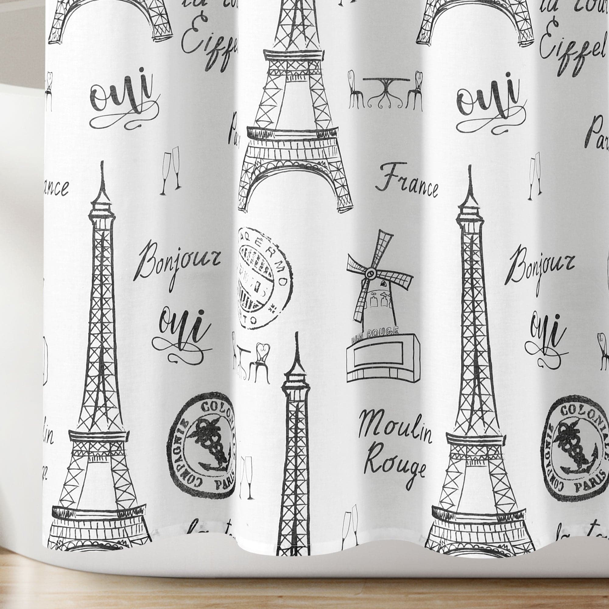 Paris Bonjour Cotton Shower Curtain - Waterproof Bathroom Decor with Eiffel Tower Design - Perfect for French Theme Bathrooms & Parisian Style Home Decor