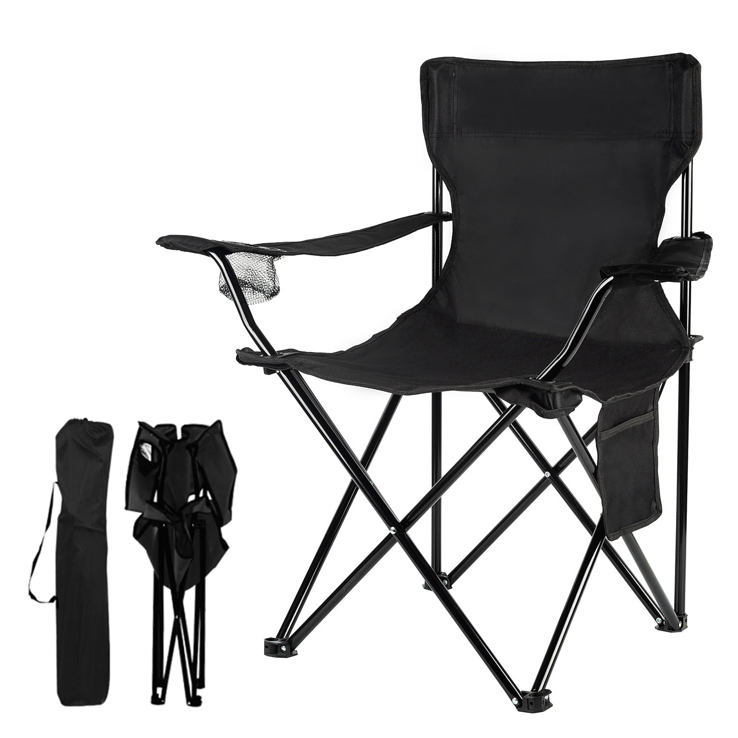 Damei Century Portable Folding Camping Chair - Lightweight Outdoor Sports Lawn Chair with Side Pockets for Picnics, Beach, Hiking & Backyard (Black)