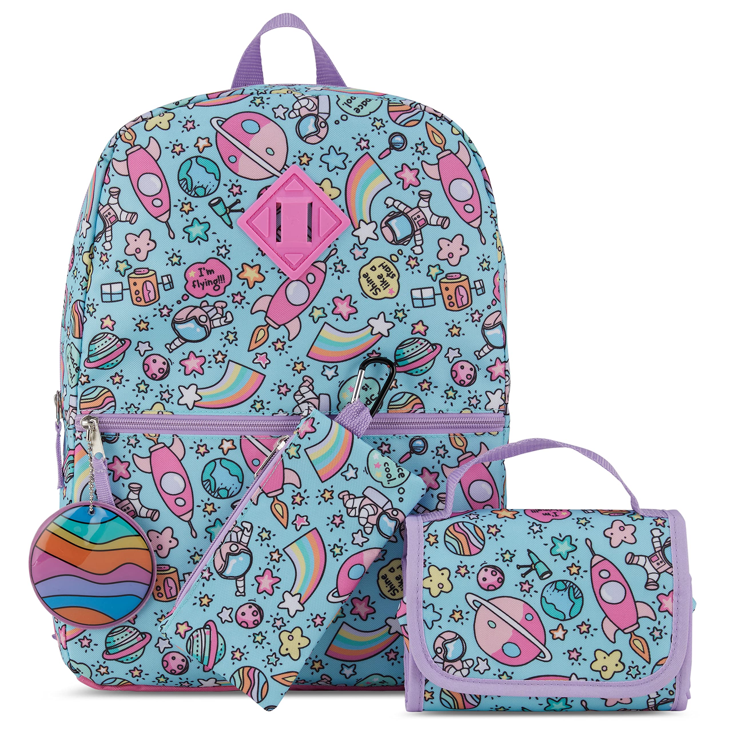 Cudlie 5-Piece Girls Backpack Set with Lunch Bag, Pencil Case, Carabiner Clip & Keychain - Lightweight School Backpack for Kids - Space Girls Design in Blue - Perfect for School, Travel & Daily Use