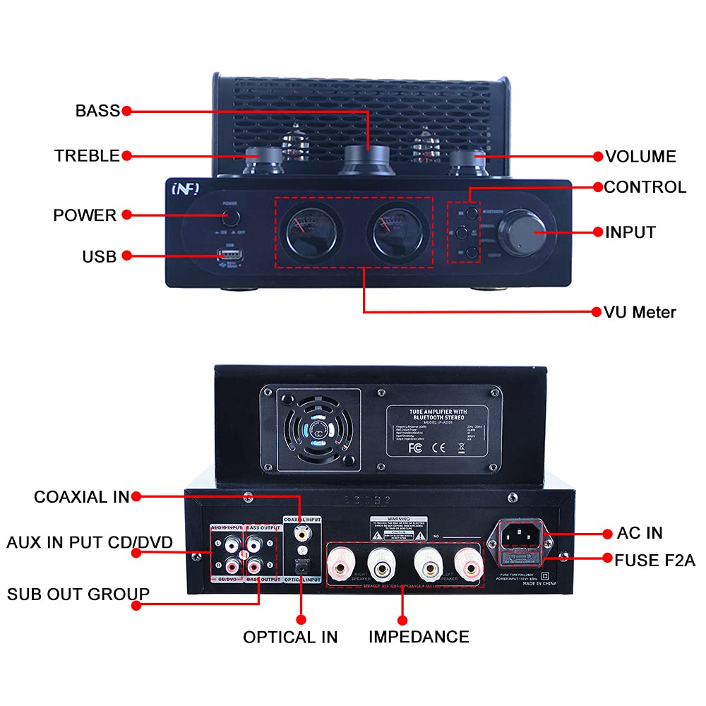 INFI Audio Hybrid Class AB Tube Amplifier 6N3 - HiFi Stereo Receiver with Bluetooth 5.0, USB, AUX, Optical & Coaxial Inputs - Home Audio Power Amp for Vinyl Records, Speakers, Subwoofer - Perfect for Living Room, Home Theater & Music Studio Setup